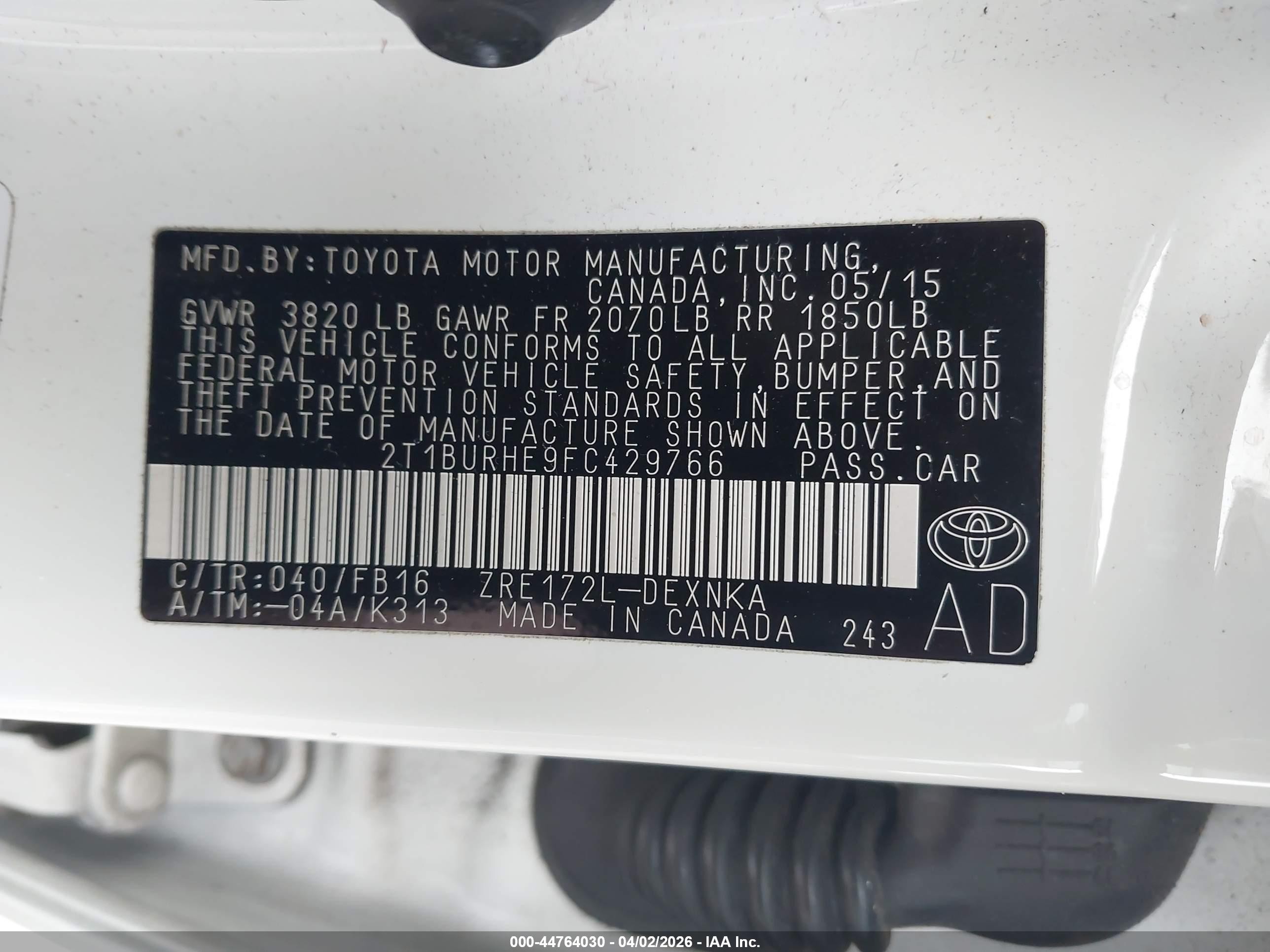 2015 Toyota Corolla Le White vin: 2T1BURHE9FC429766