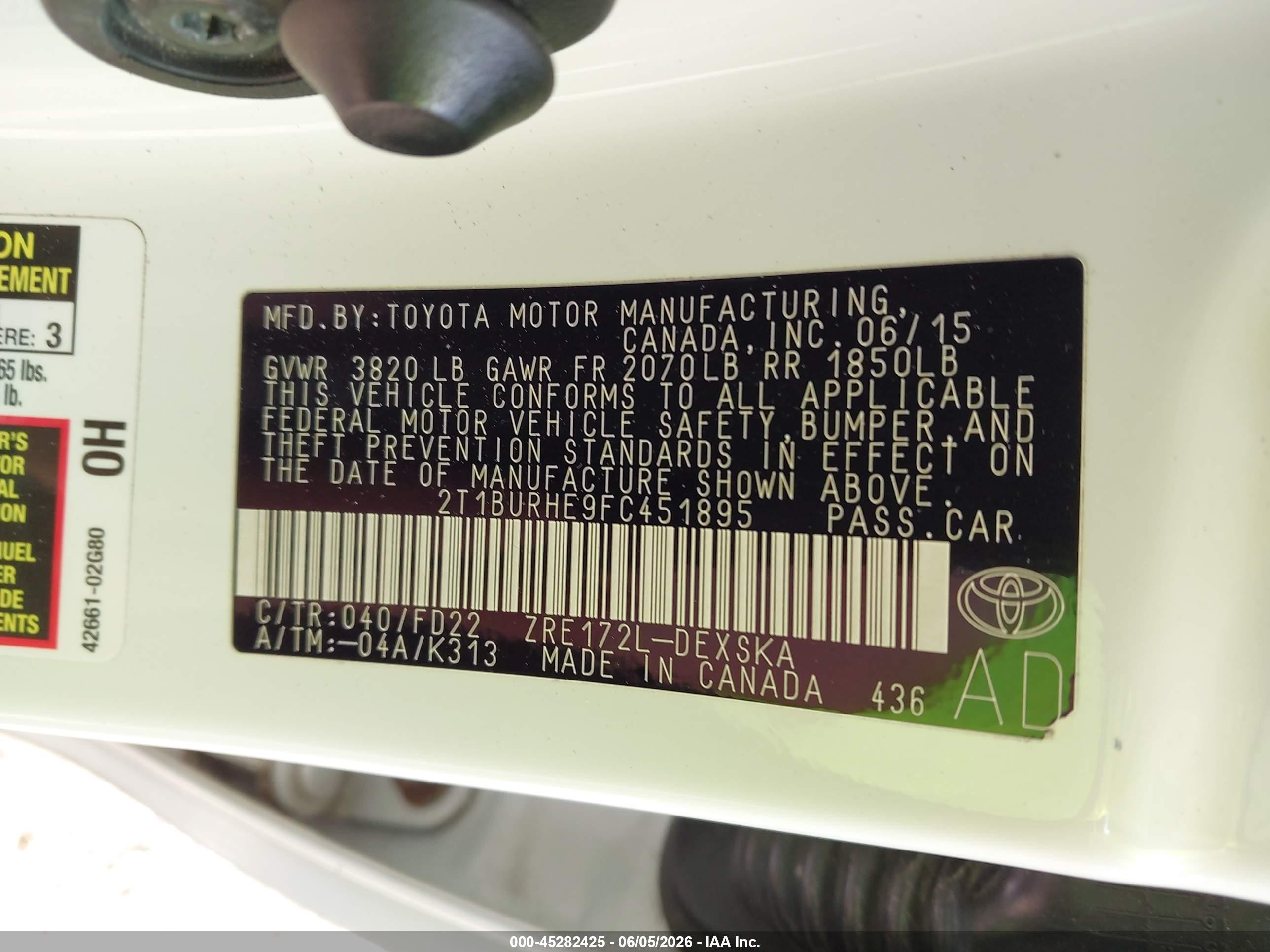 2015 Toyota Corolla S Plus White vin: 2T1BURHE9FC451895