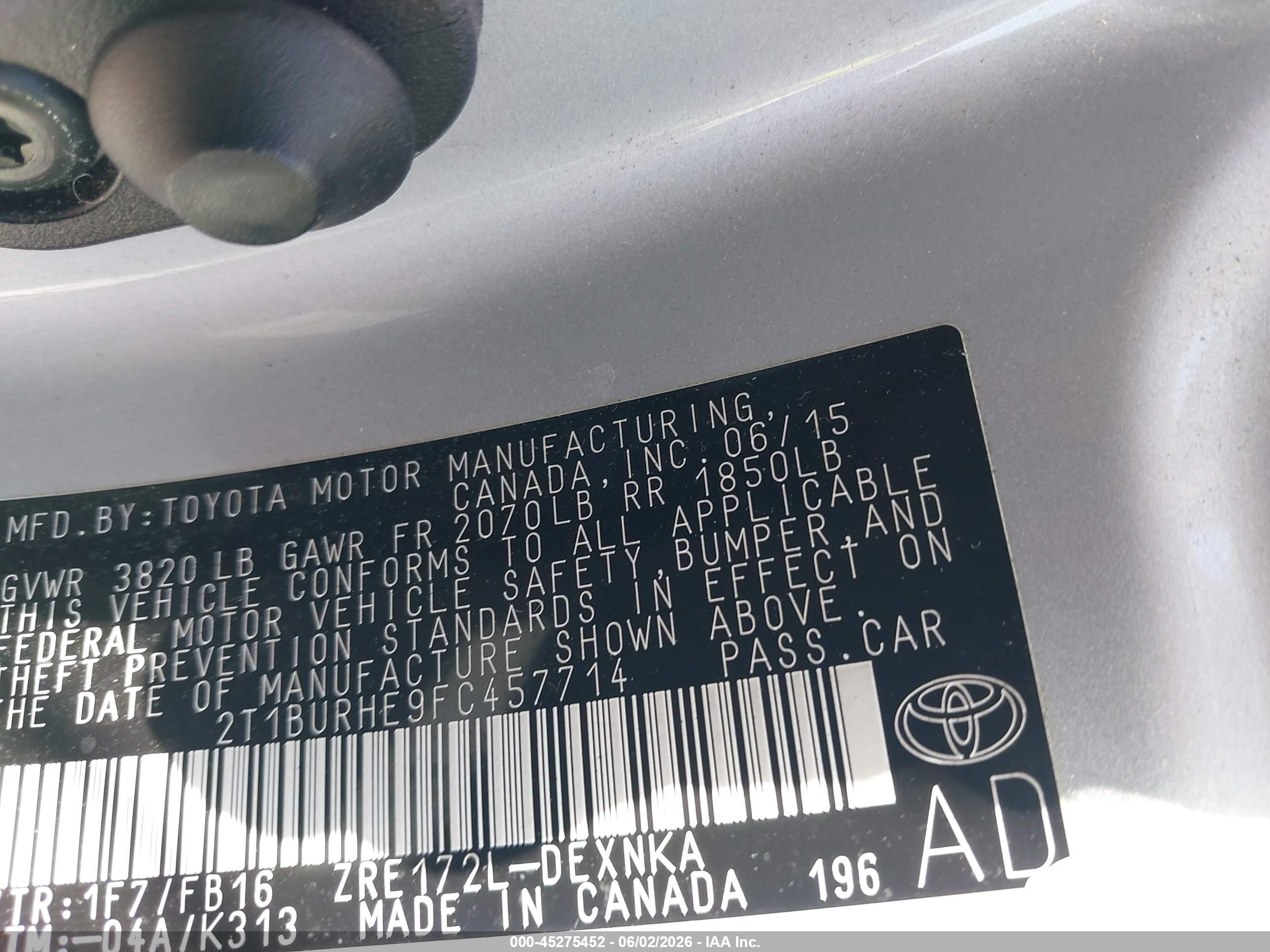 2015 Toyota Corolla Le Silver vin: 2T1BURHE9FC457714