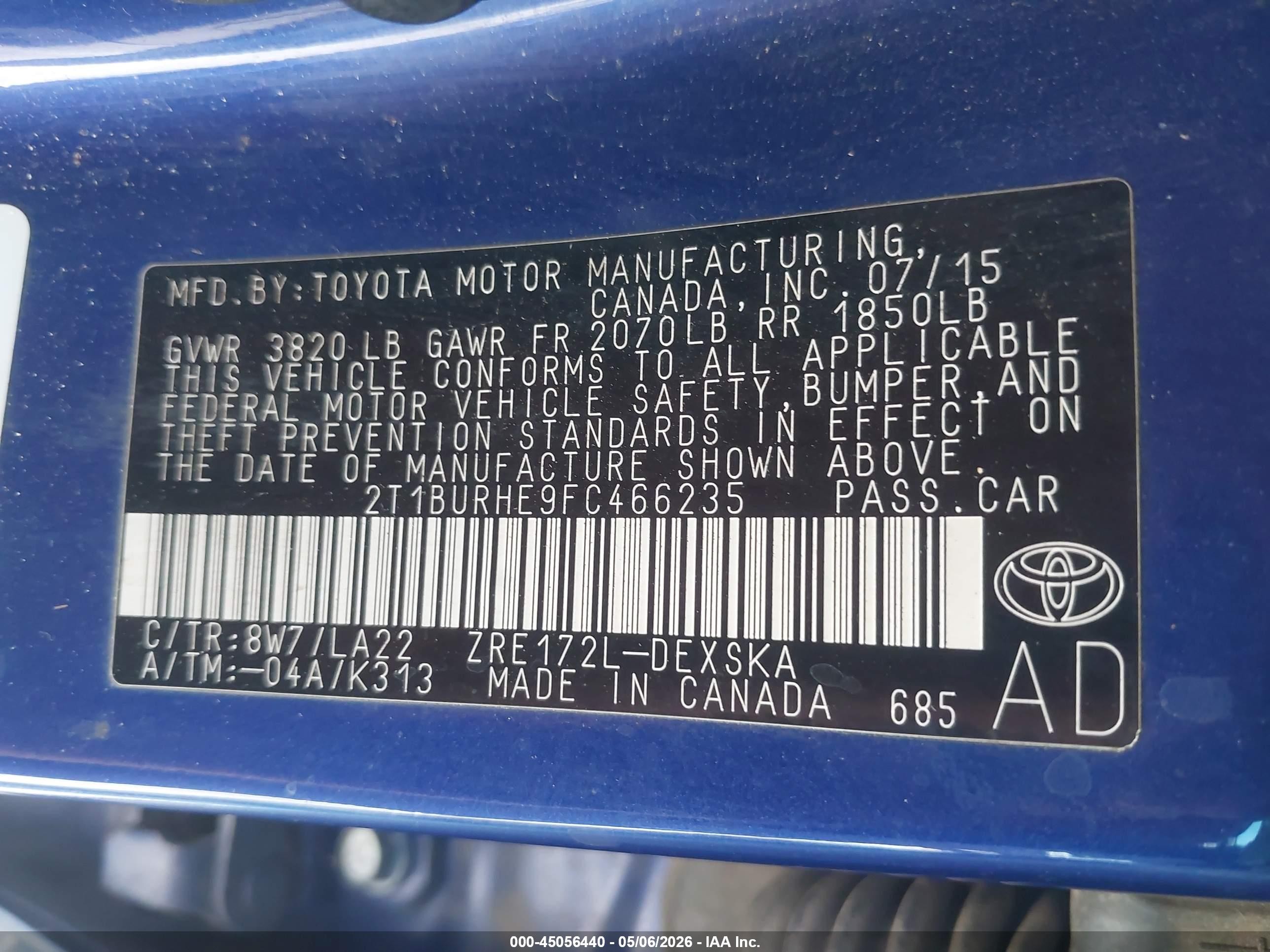 2015 Toyota Corolla S Premium Синий vin: 2T1BURHE9FC466235