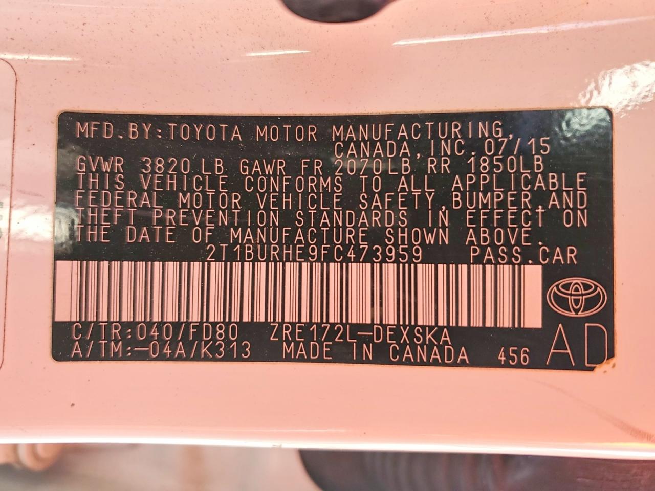 2015 Toyota Corolla L White vin: 2T1BURHE9FC473959