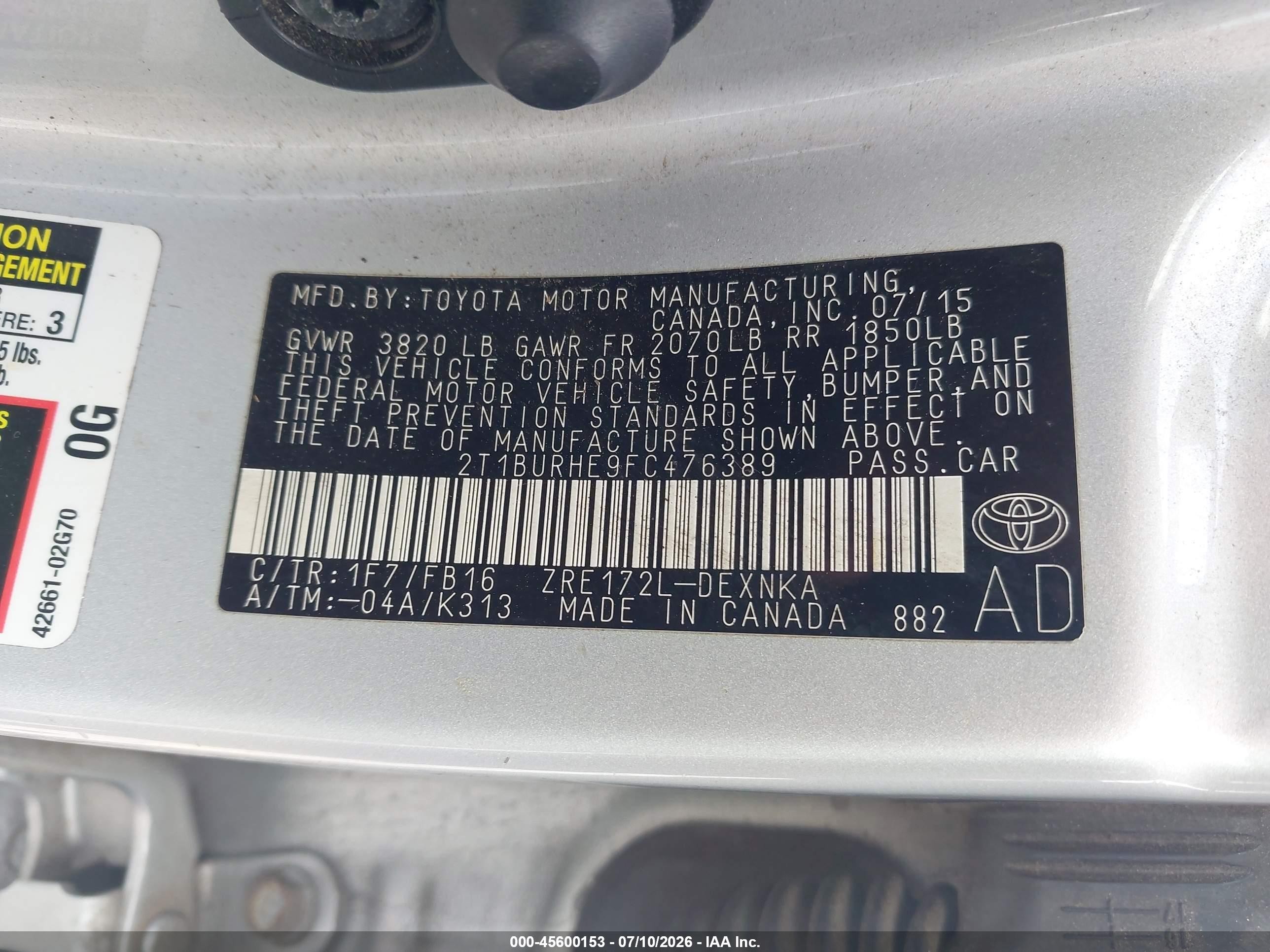 2015 Toyota Corolla Le Silver vin: 2T1BURHE9FC476389
