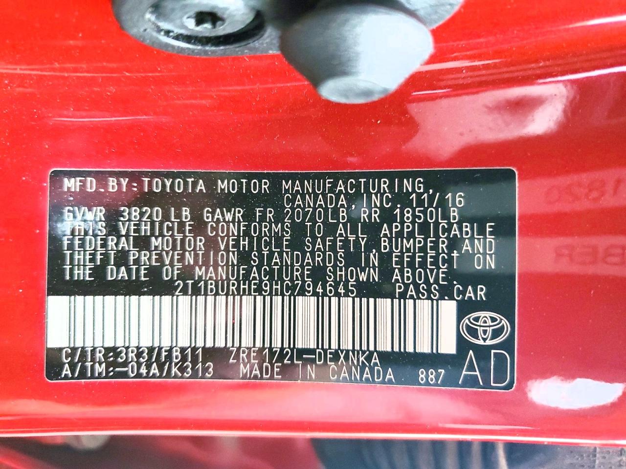 2017 Toyota Corolla Le Red vin: 2T1BURHE9HC794645