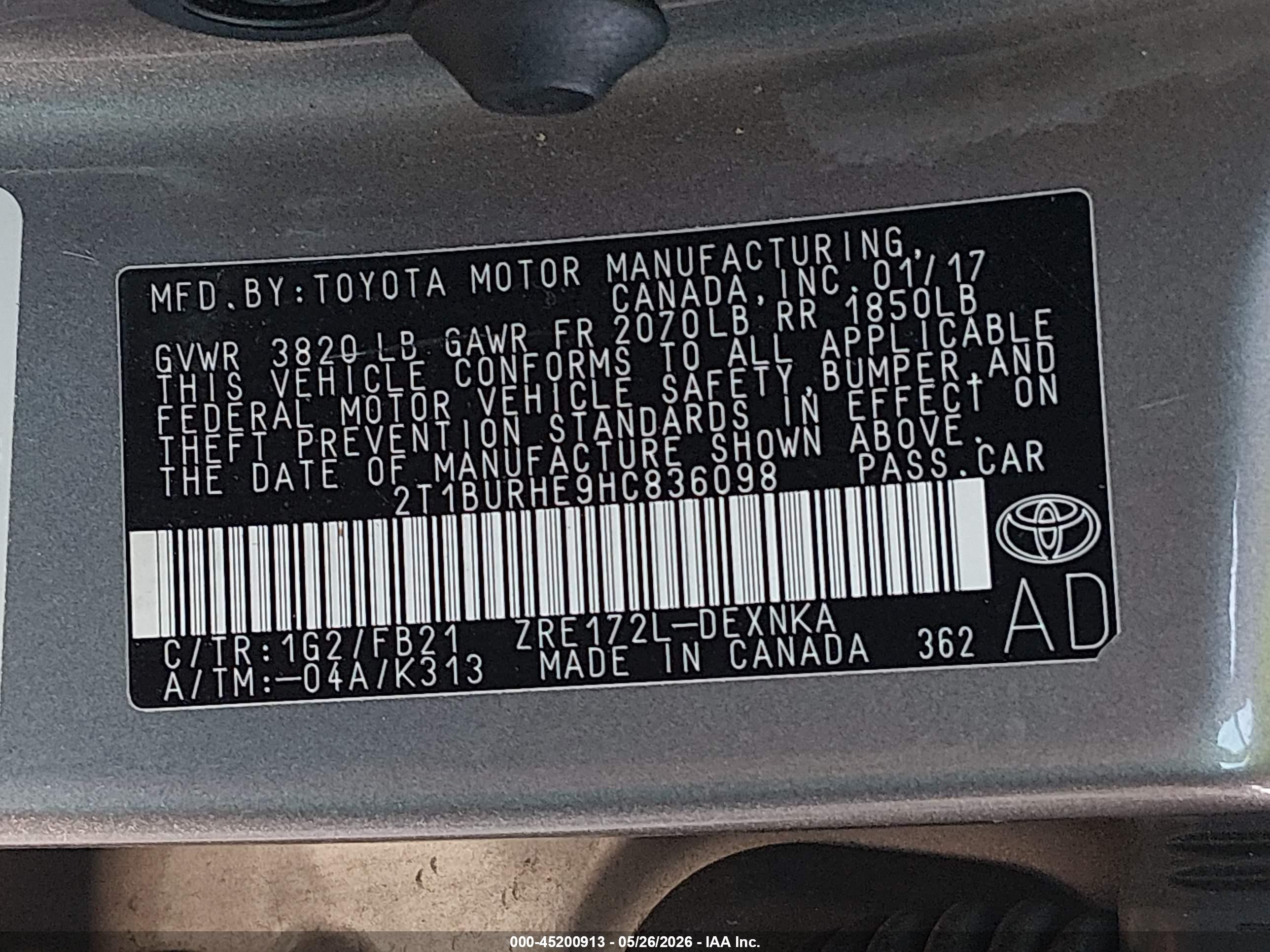 2017 Toyota Corolla Le Gray vin: 2T1BURHE9HC836098