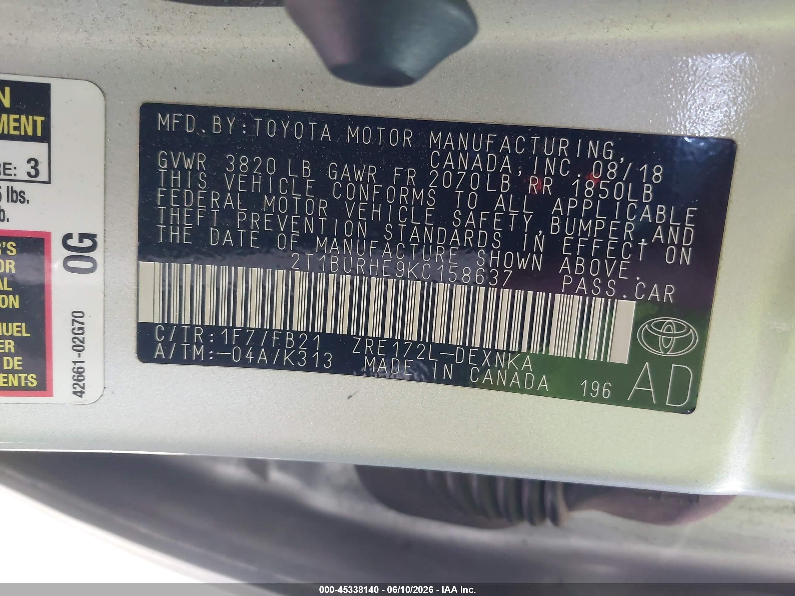 2019 Toyota Corolla Le Silver vin: 2T1BURHE9KC158637