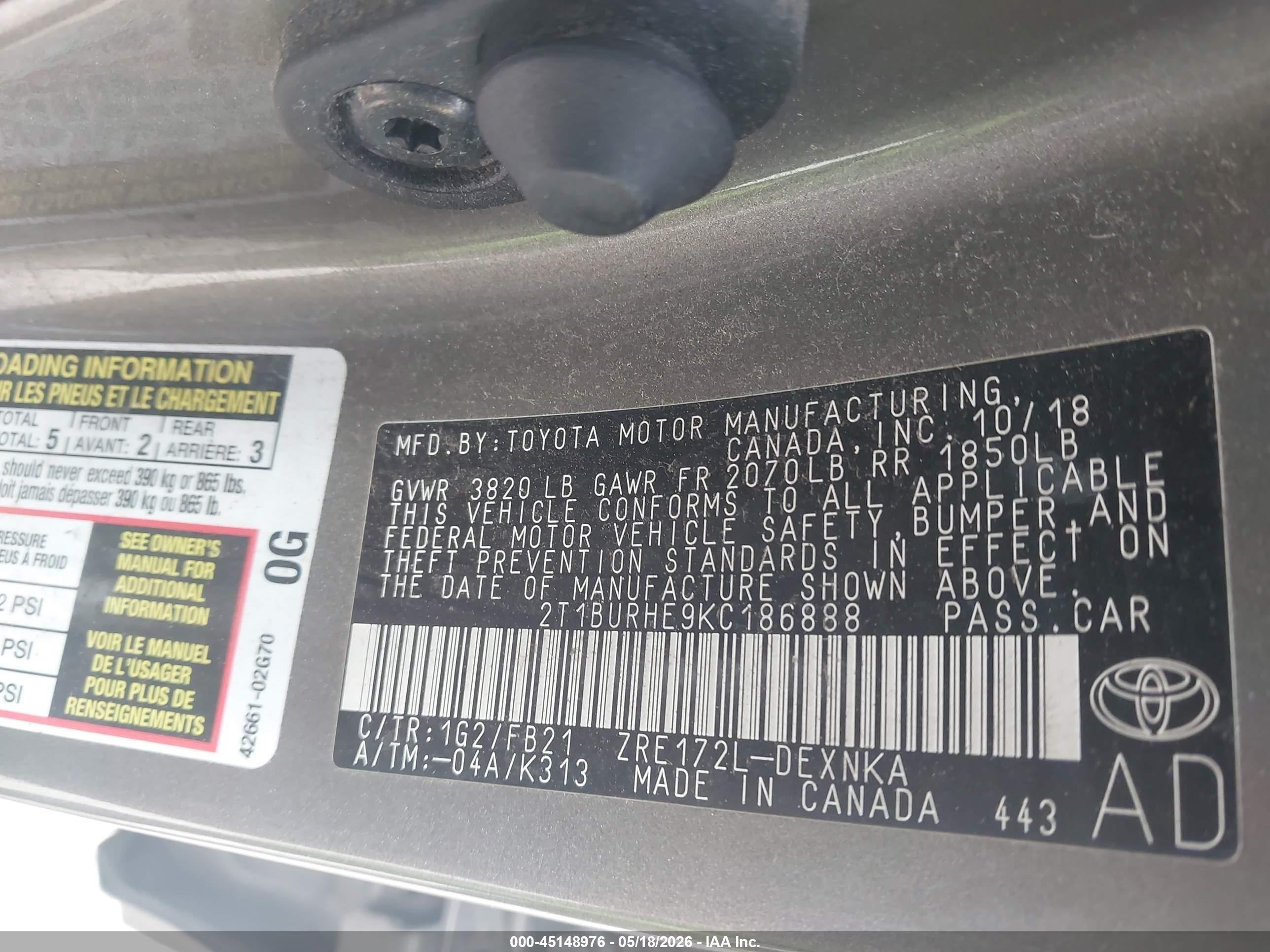 2019 Toyota Corolla Le Gray vin: 2T1BURHE9KC186888