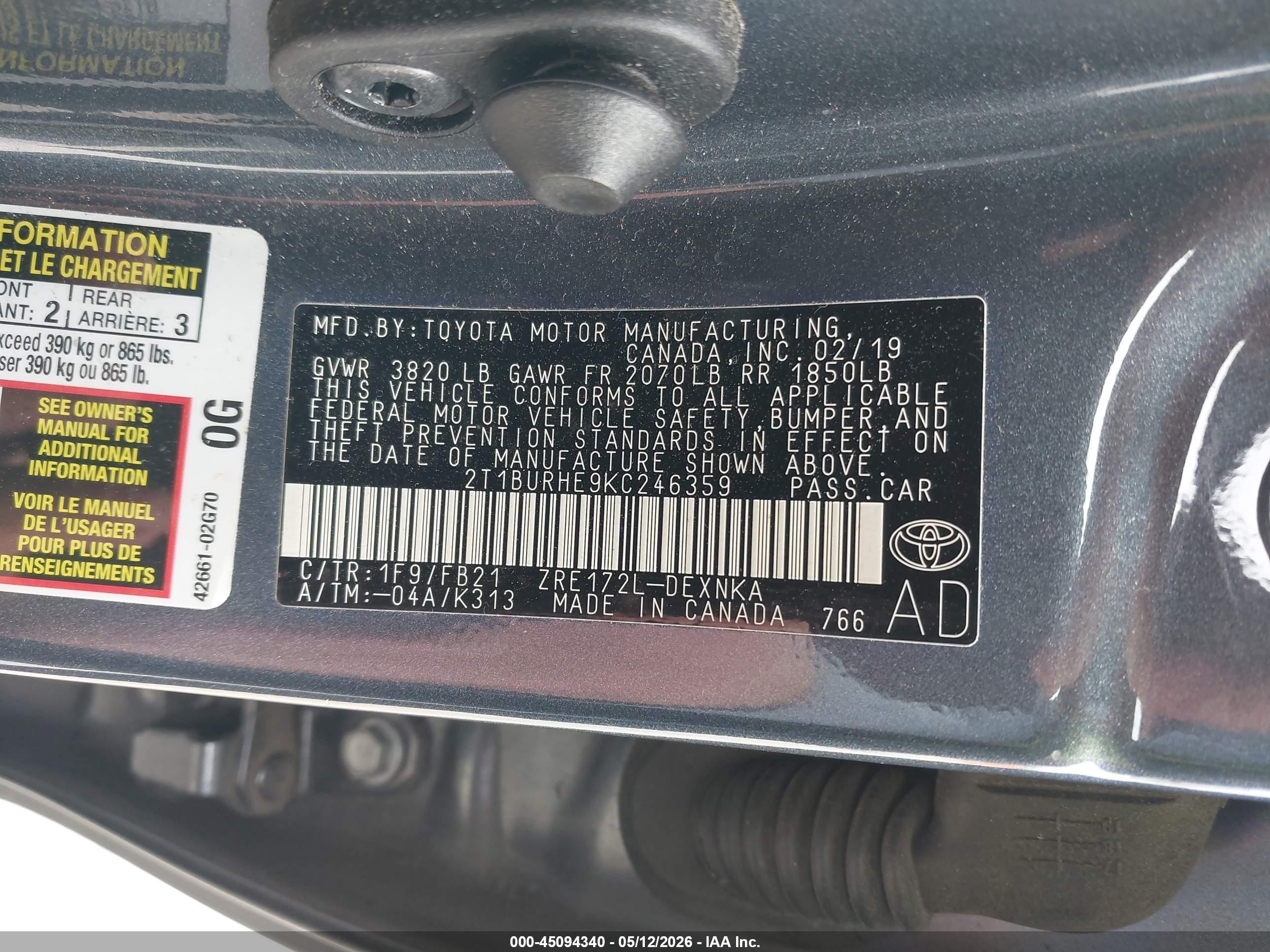 2019 Toyota Corolla Le Blue vin: 2T1BURHE9KC246359