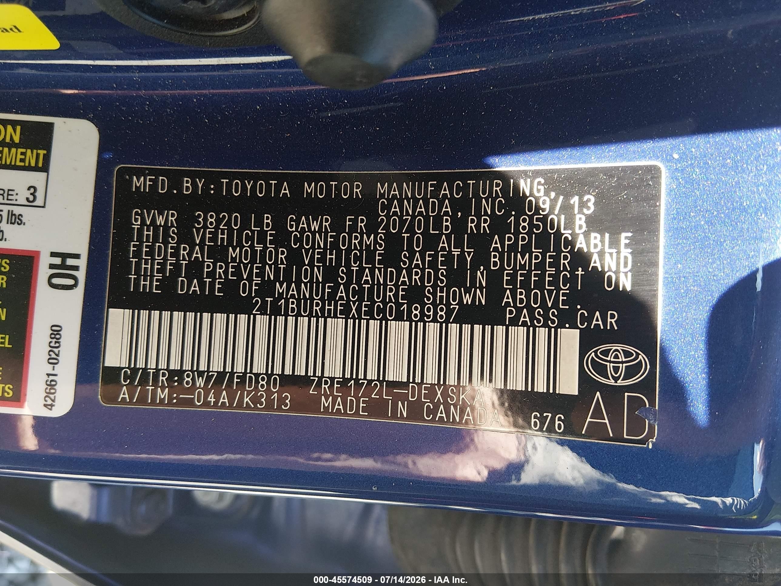 2014 Toyota Corolla S Plus Синий vin: 2T1BURHEXEC018987