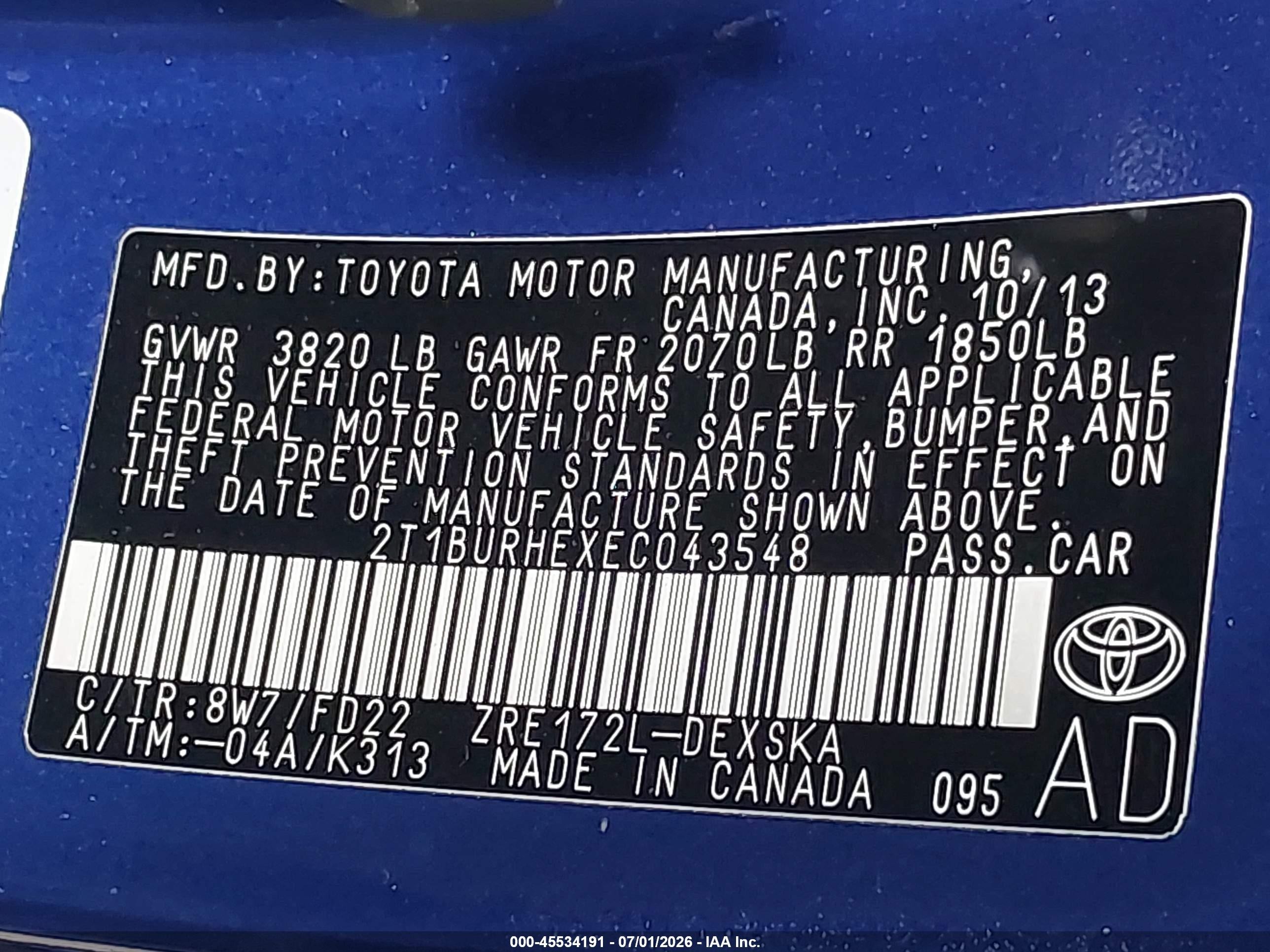 2014 Toyota Corolla S Plus Blue vin: 2T1BURHEXEC043548