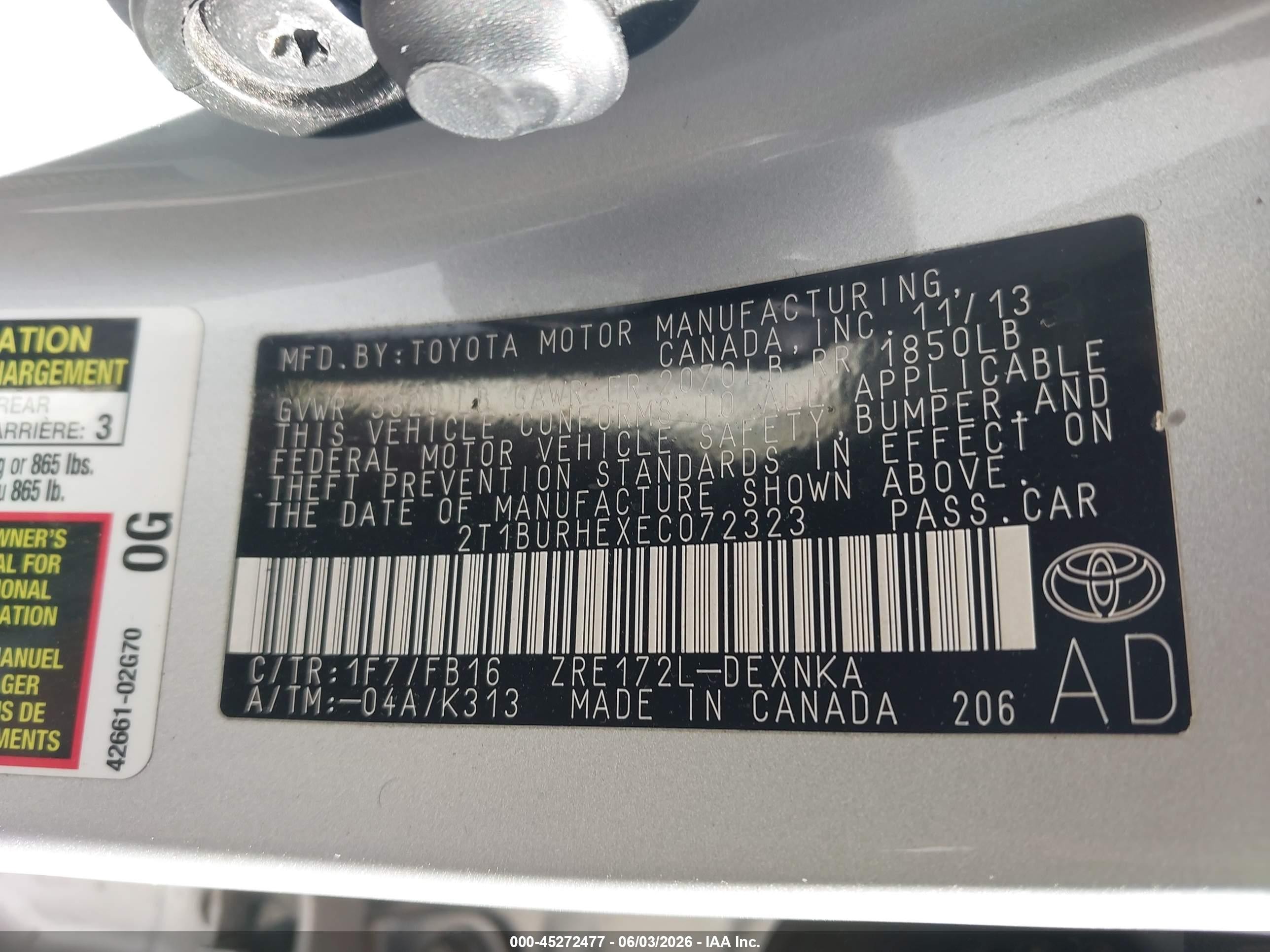 2014 Toyota Corolla Le Silver vin: 2T1BURHEXEC072323