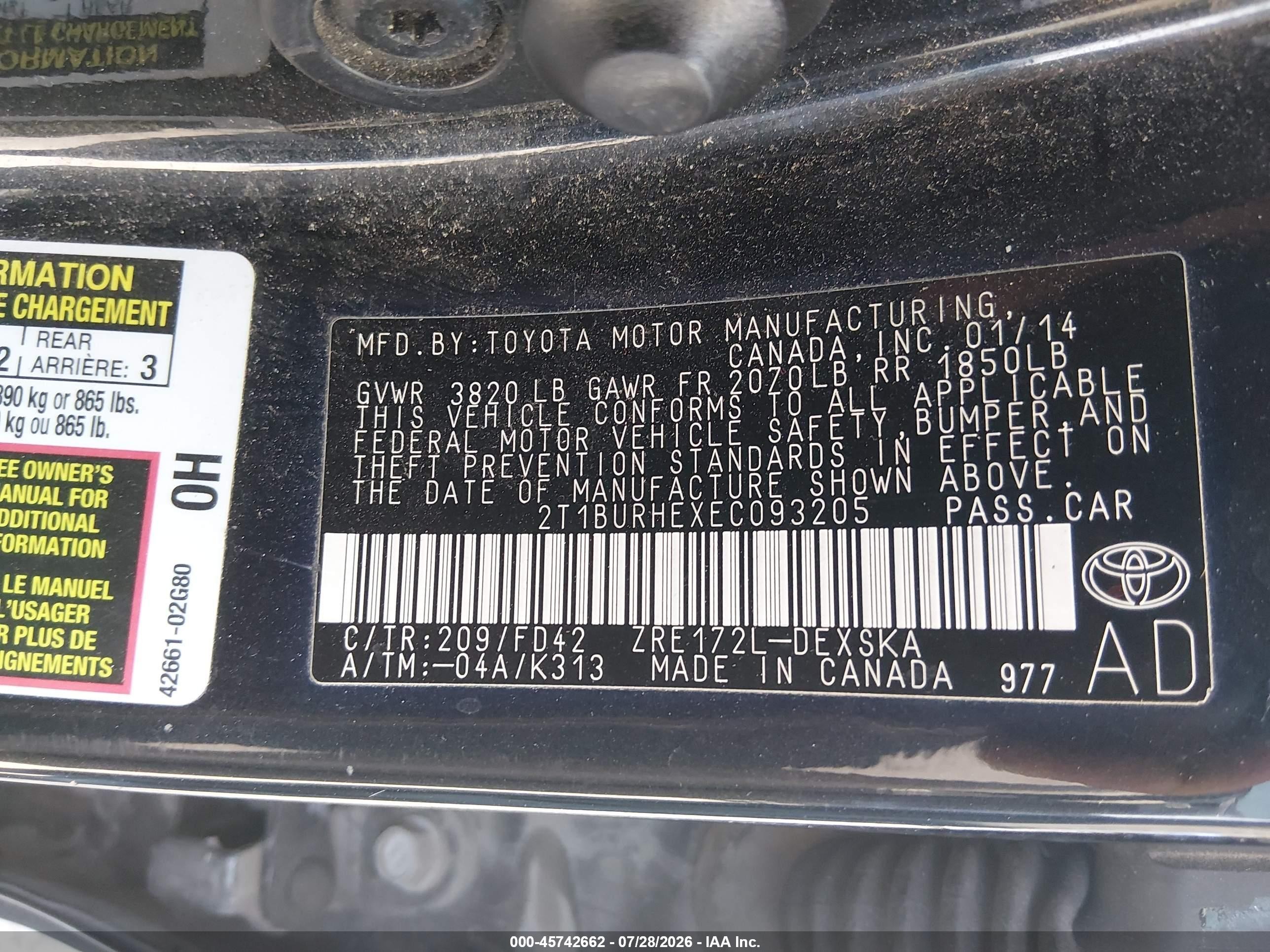 2014 Toyota Corolla S Plus Black vin: 2T1BURHEXEC093205