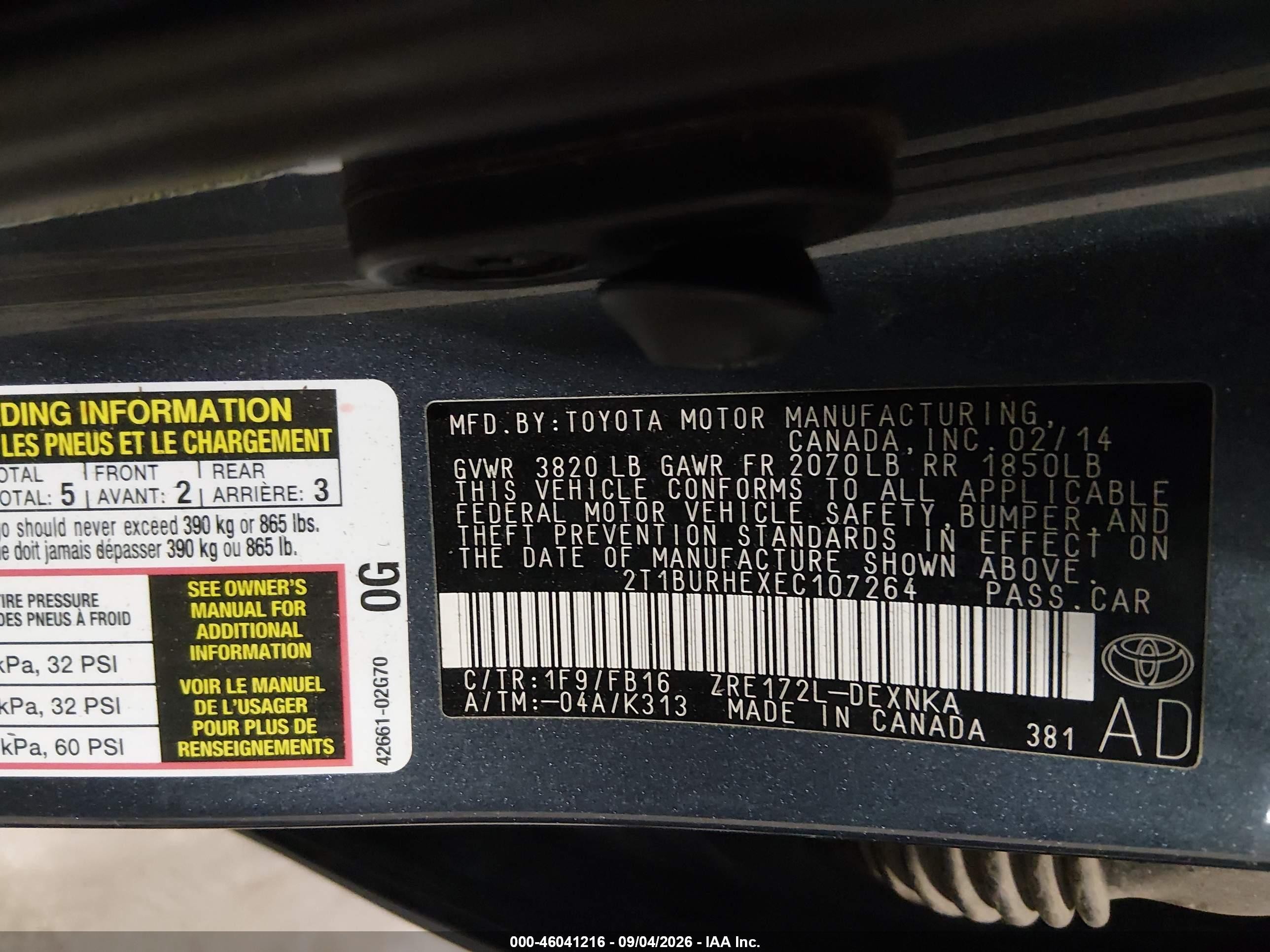 2014 Toyota Corolla Le Gray vin: 2T1BURHEXEC107264