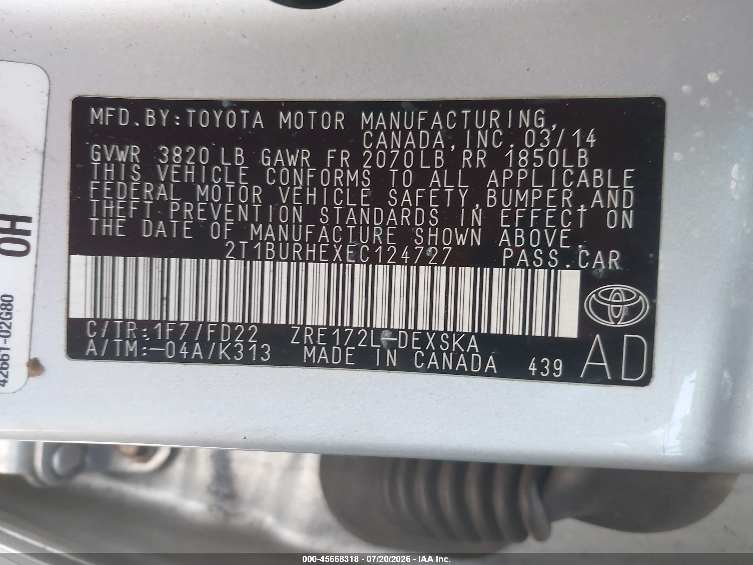 2014 Toyota Corolla S Plus Silver vin: 2T1BURHEXEC124727