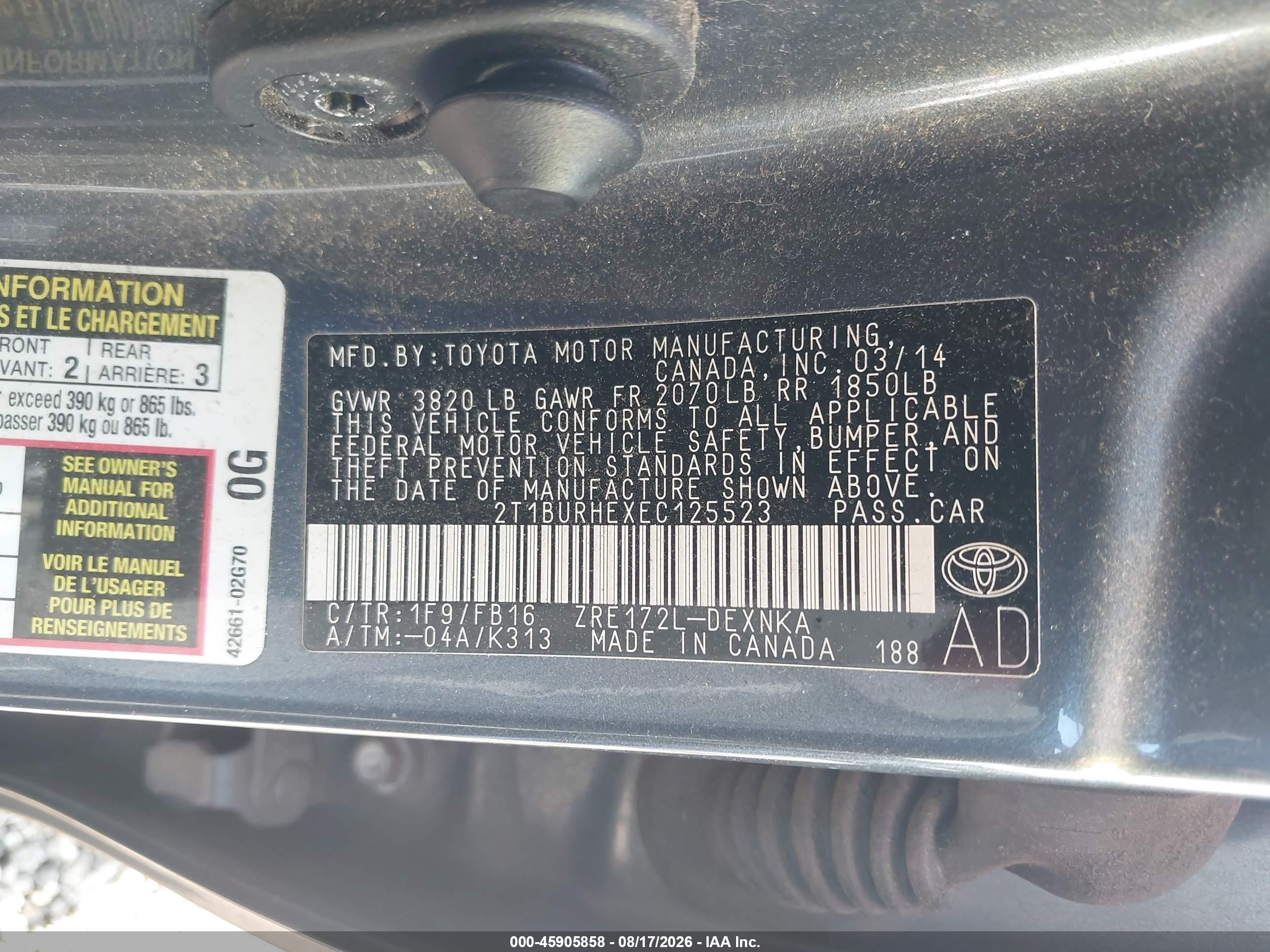 2014 Toyota Corolla Le Gray vin: 2T1BURHEXEC125523