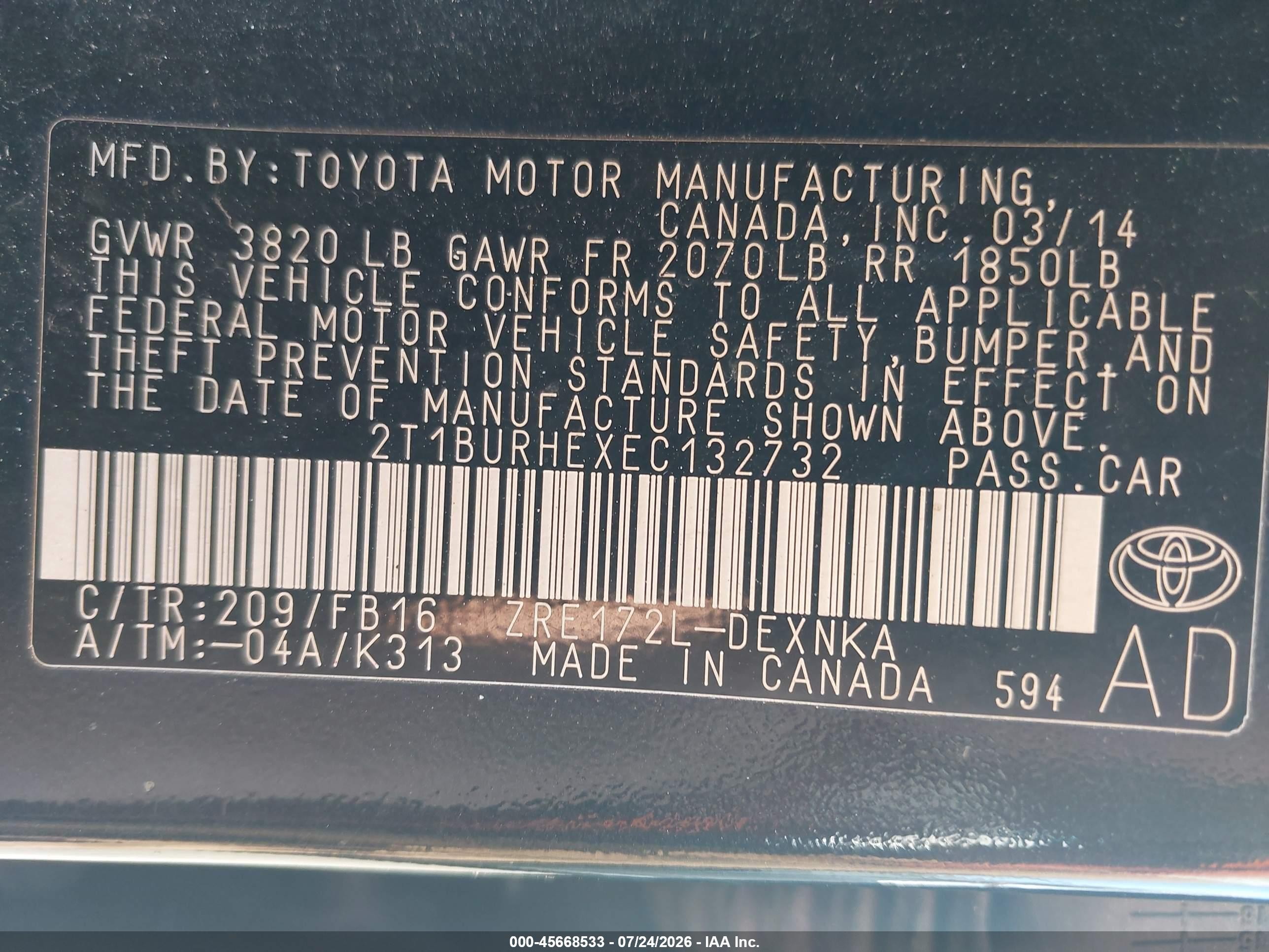 2014 Toyota Corolla Le Black vin: 2T1BURHEXEC132732
