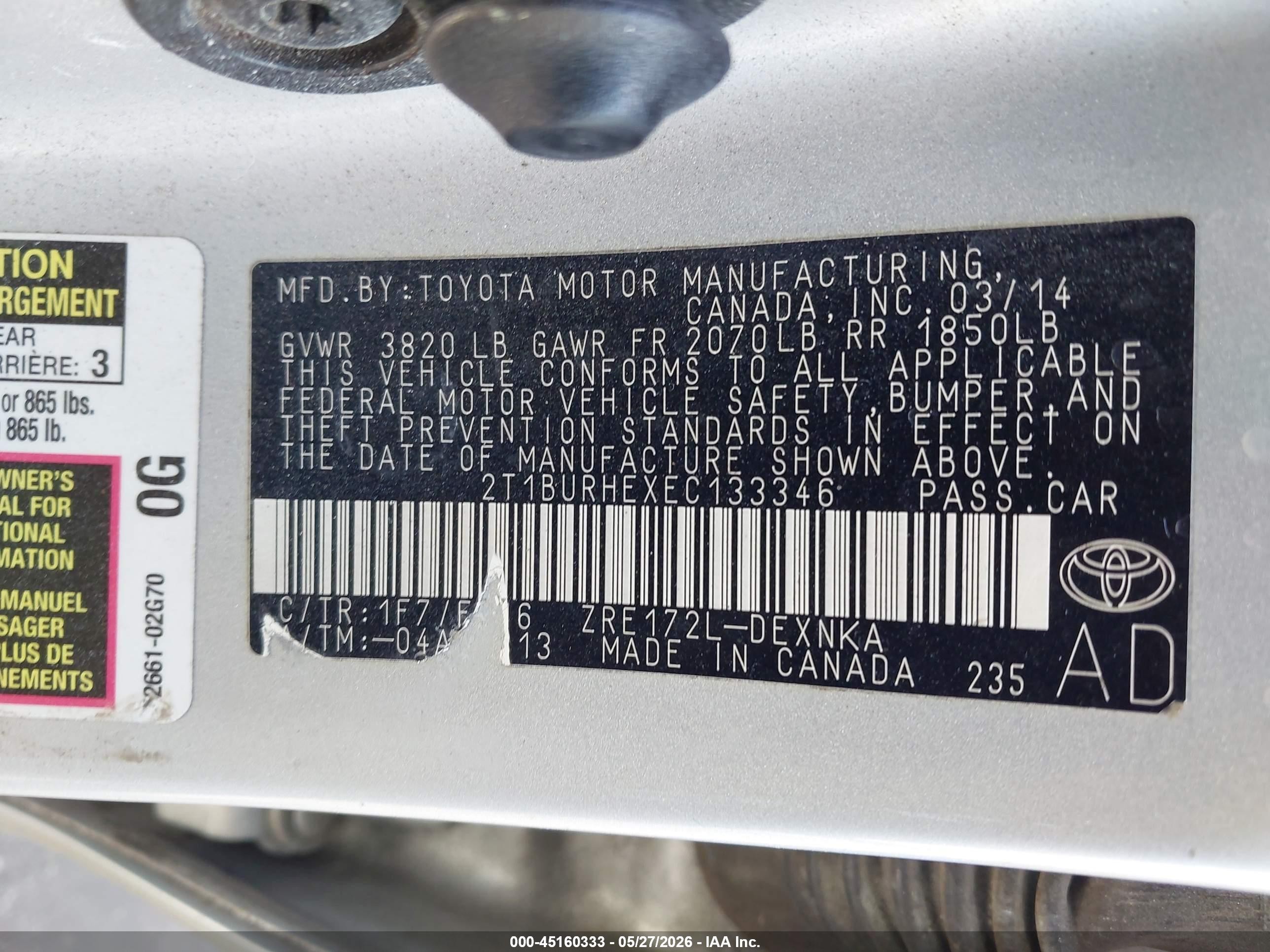 2014 Toyota Corolla Le Серебряный vin: 2T1BURHEXEC133346