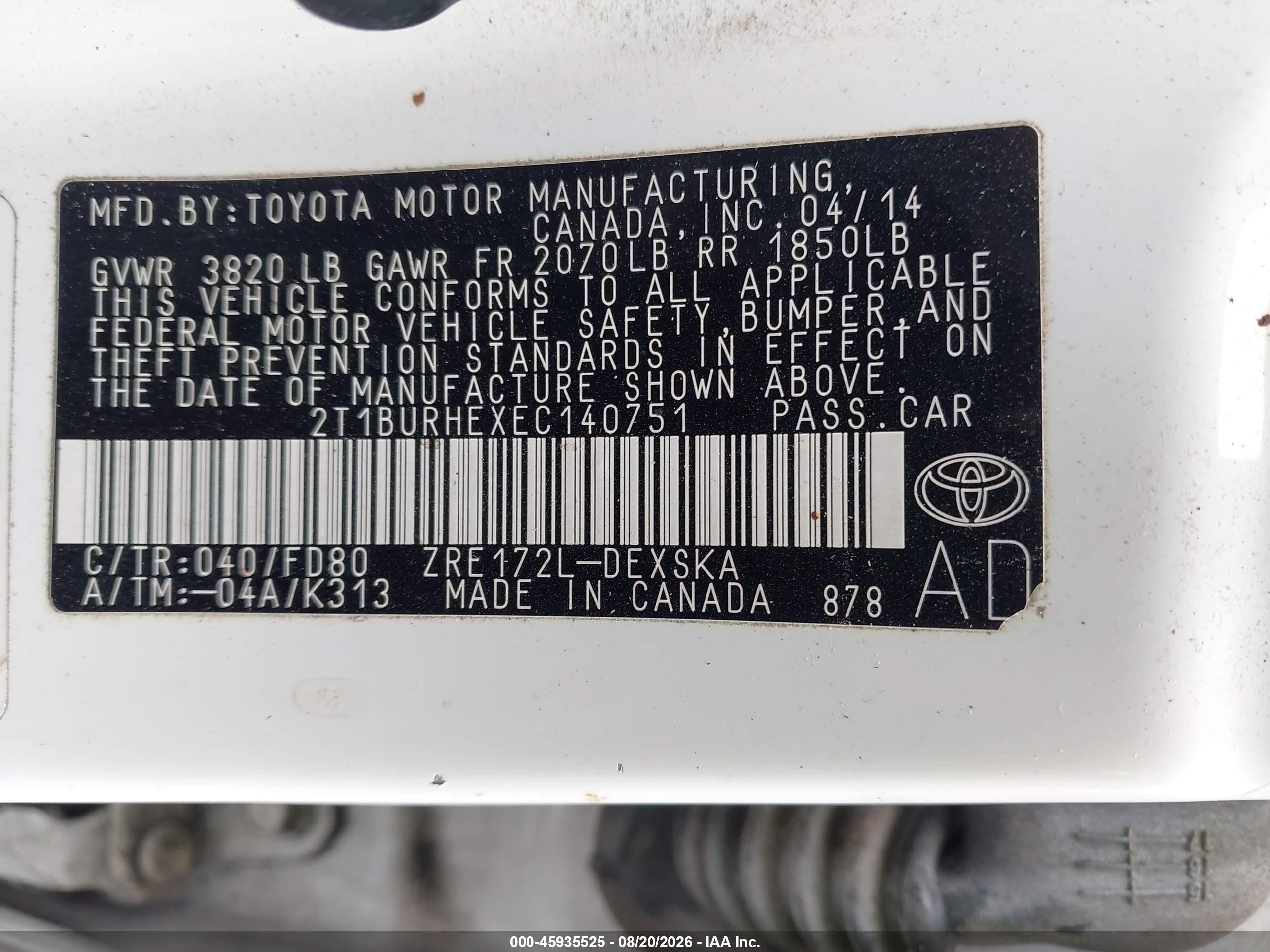 2014 Toyota Corolla L/le/le Pls/prm/s/s Pls White vin: 2T1BURHEXEC140751