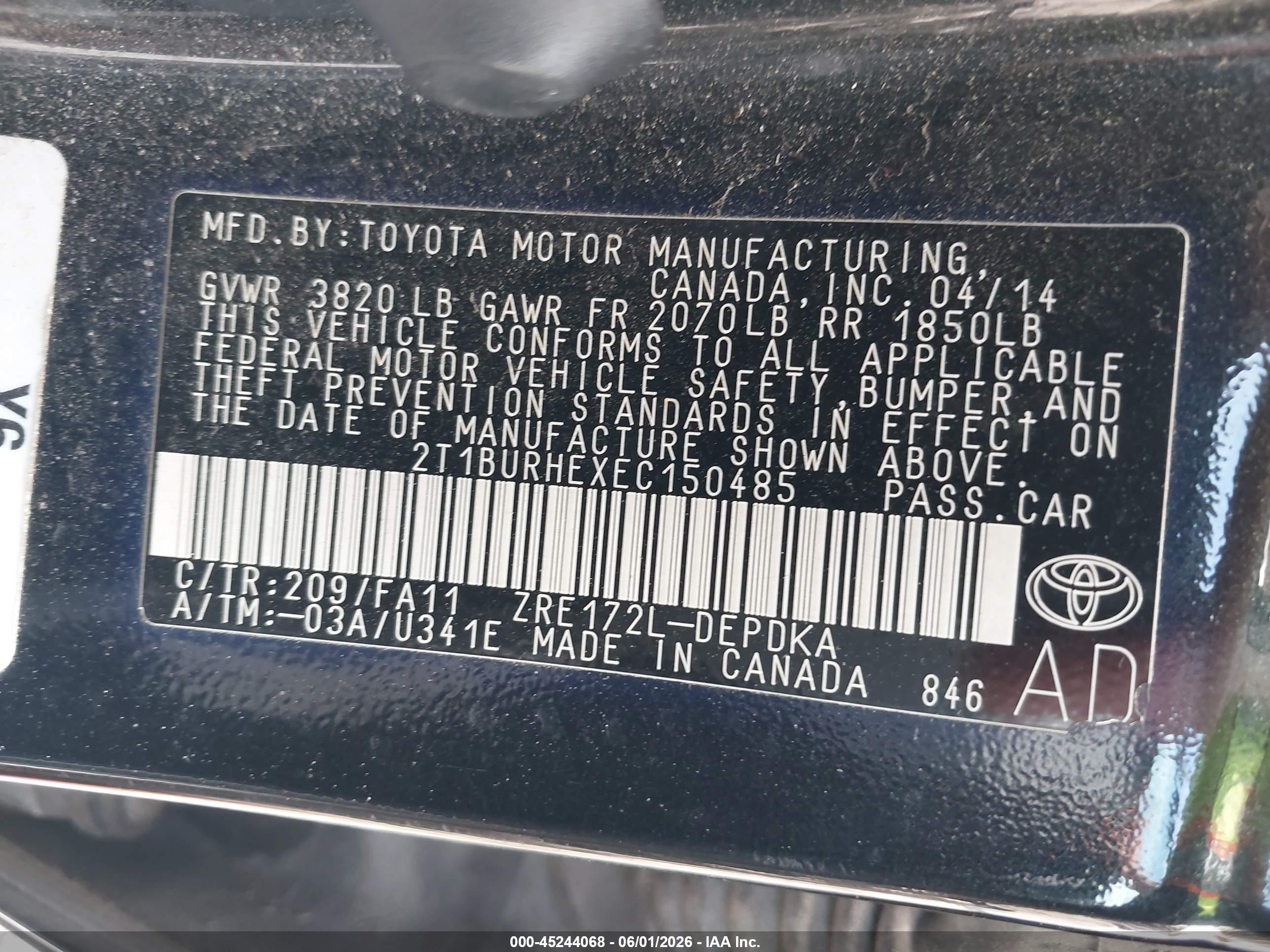 2014 Toyota Corolla L Black vin: 2T1BURHEXEC150485