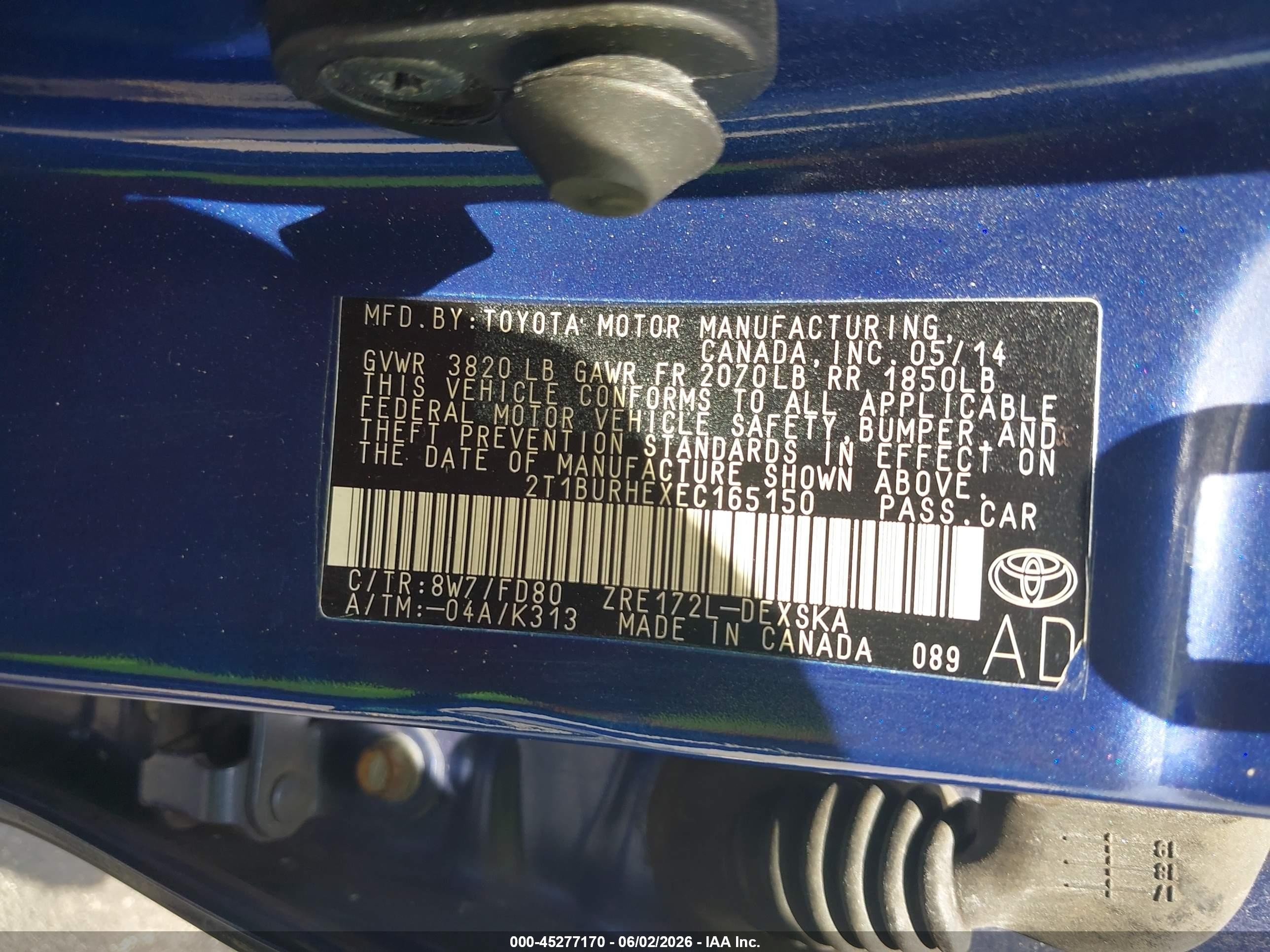 2014 Toyota Corolla S Plus Blue vin: 2T1BURHEXEC165150