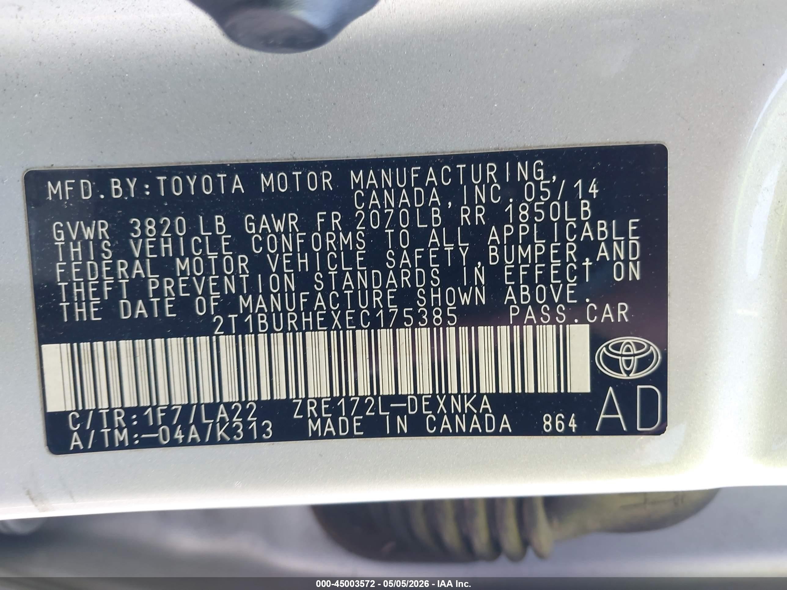 2014 Toyota Corolla Le Premium Silver vin: 2T1BURHEXEC175385