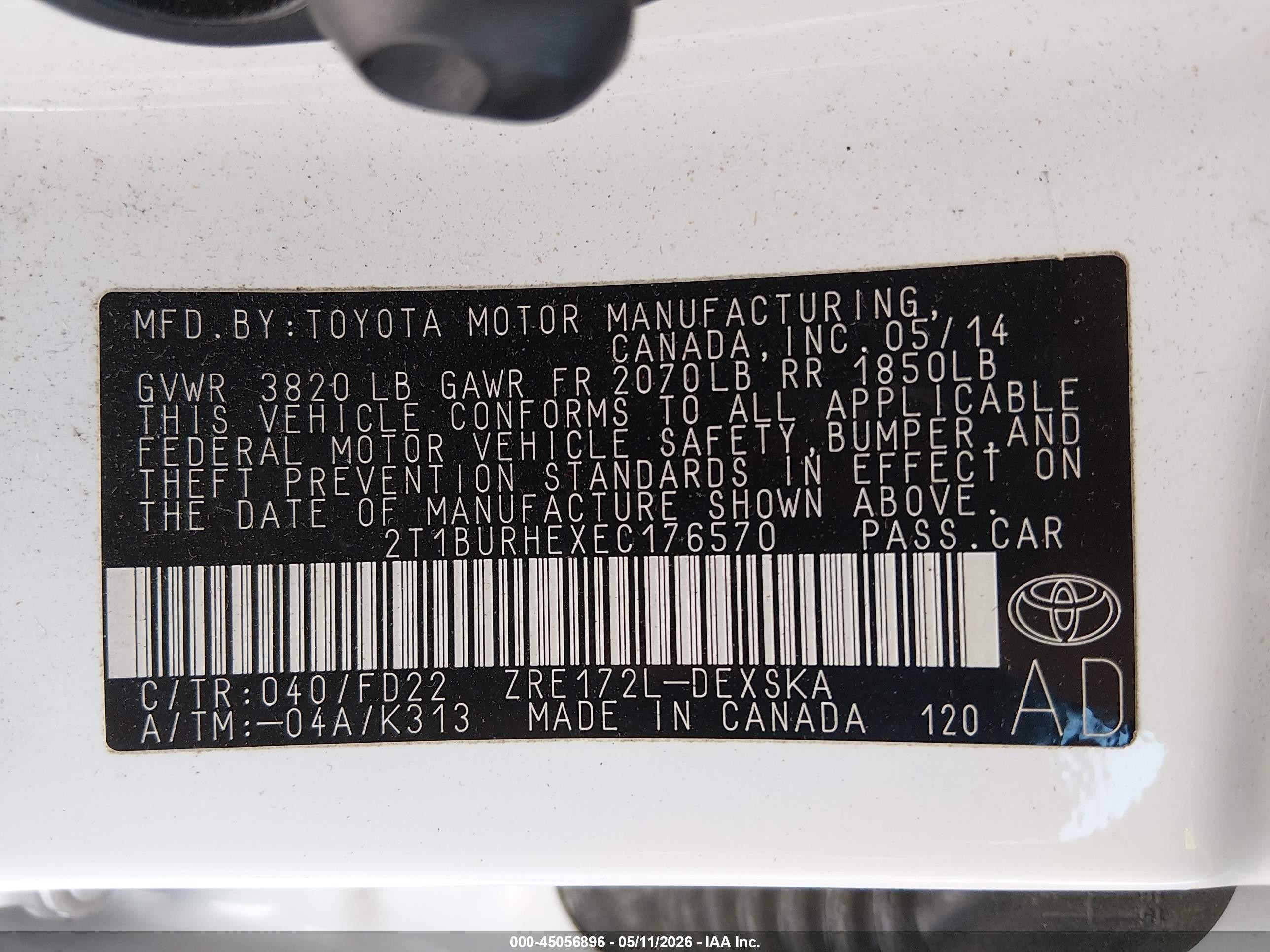 2014 Toyota Corolla S Plus Белый vin: 2T1BURHEXEC176570