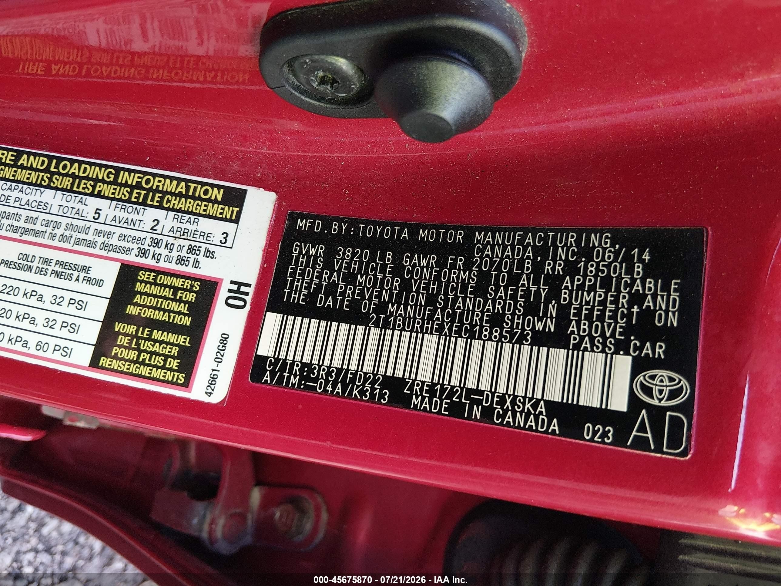 2014 Toyota Corolla S Plus Red vin: 2T1BURHEXEC188573