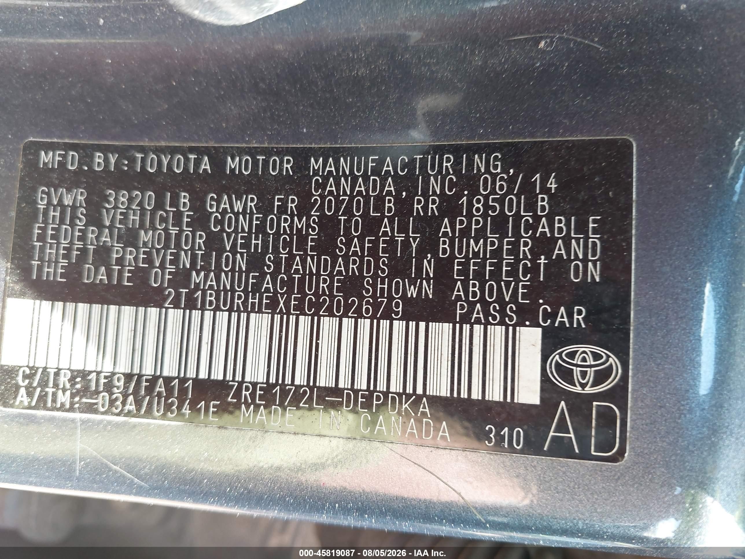 2014 Toyota Corolla L Black vin: 2T1BURHEXEC202679