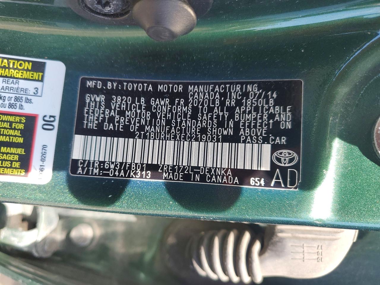 2014 Toyota Corolla Le Green vin: 2T1BURHEXEC219031