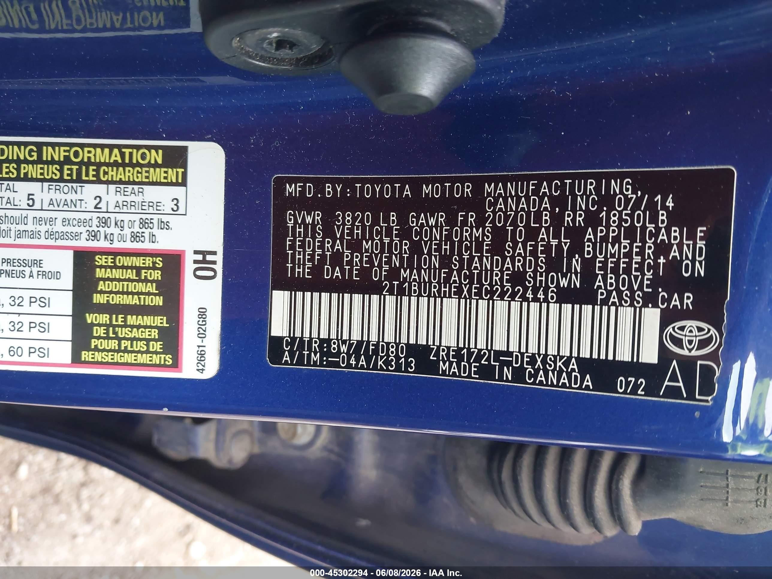 2014 Toyota Corolla S Plus Blue vin: 2T1BURHEXEC222446