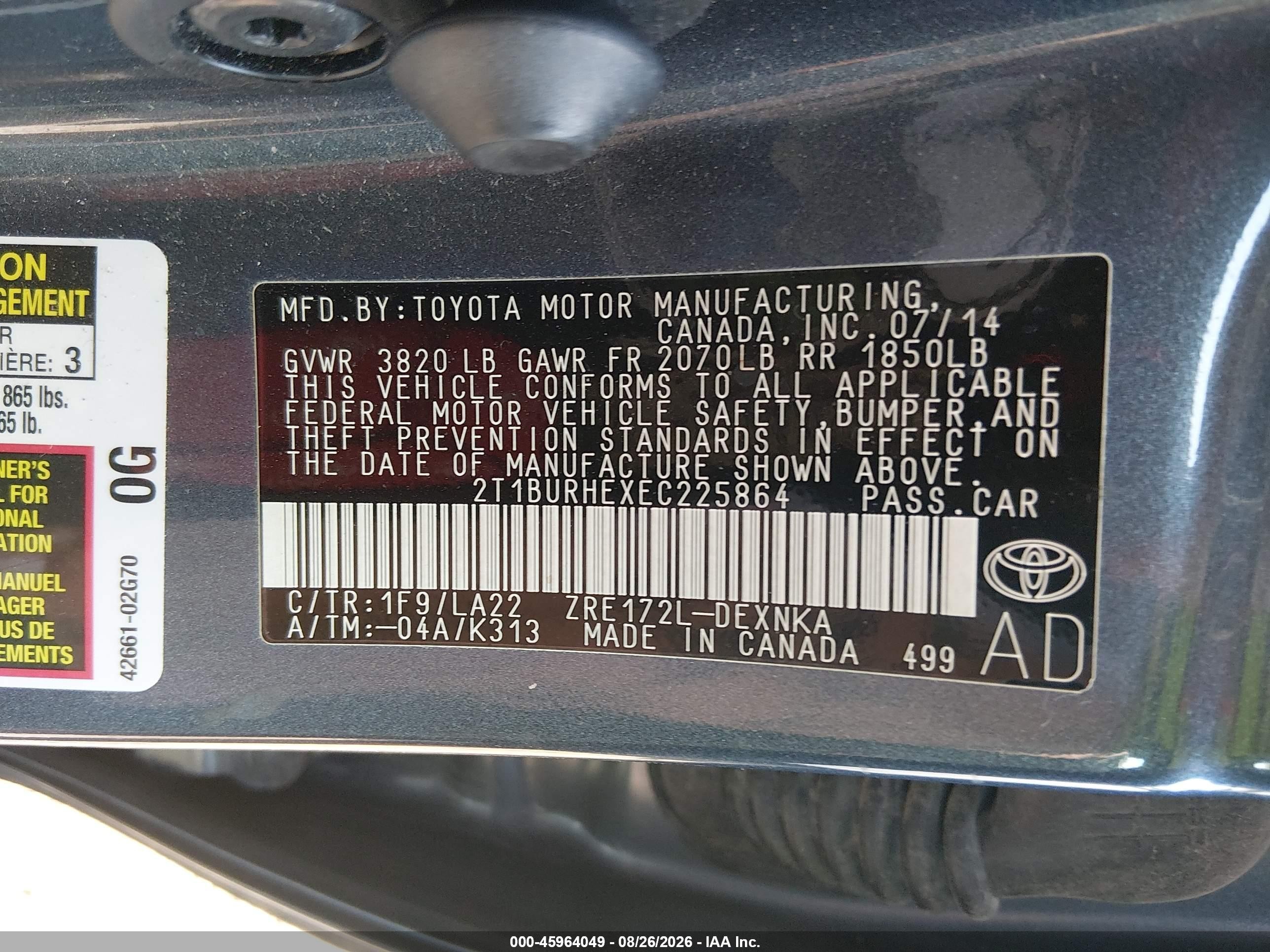 2014 Toyota Corolla Le Premium Blue vin: 2T1BURHEXEC225864