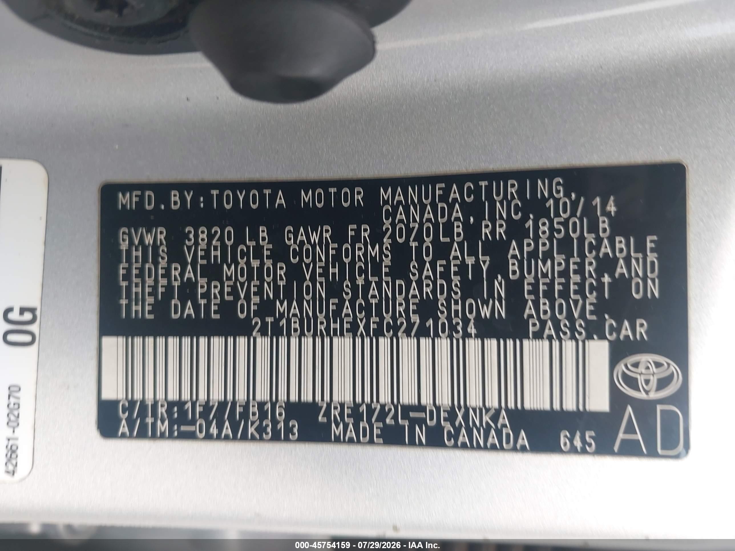 2015 Toyota Corolla Le Silver vin: 2T1BURHEXFC271034