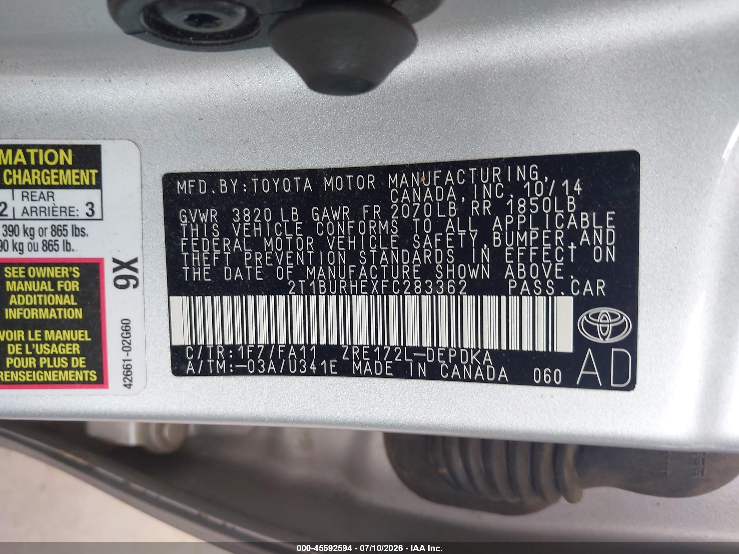 2015 Toyota Corolla L Silver vin: 2T1BURHEXFC283362