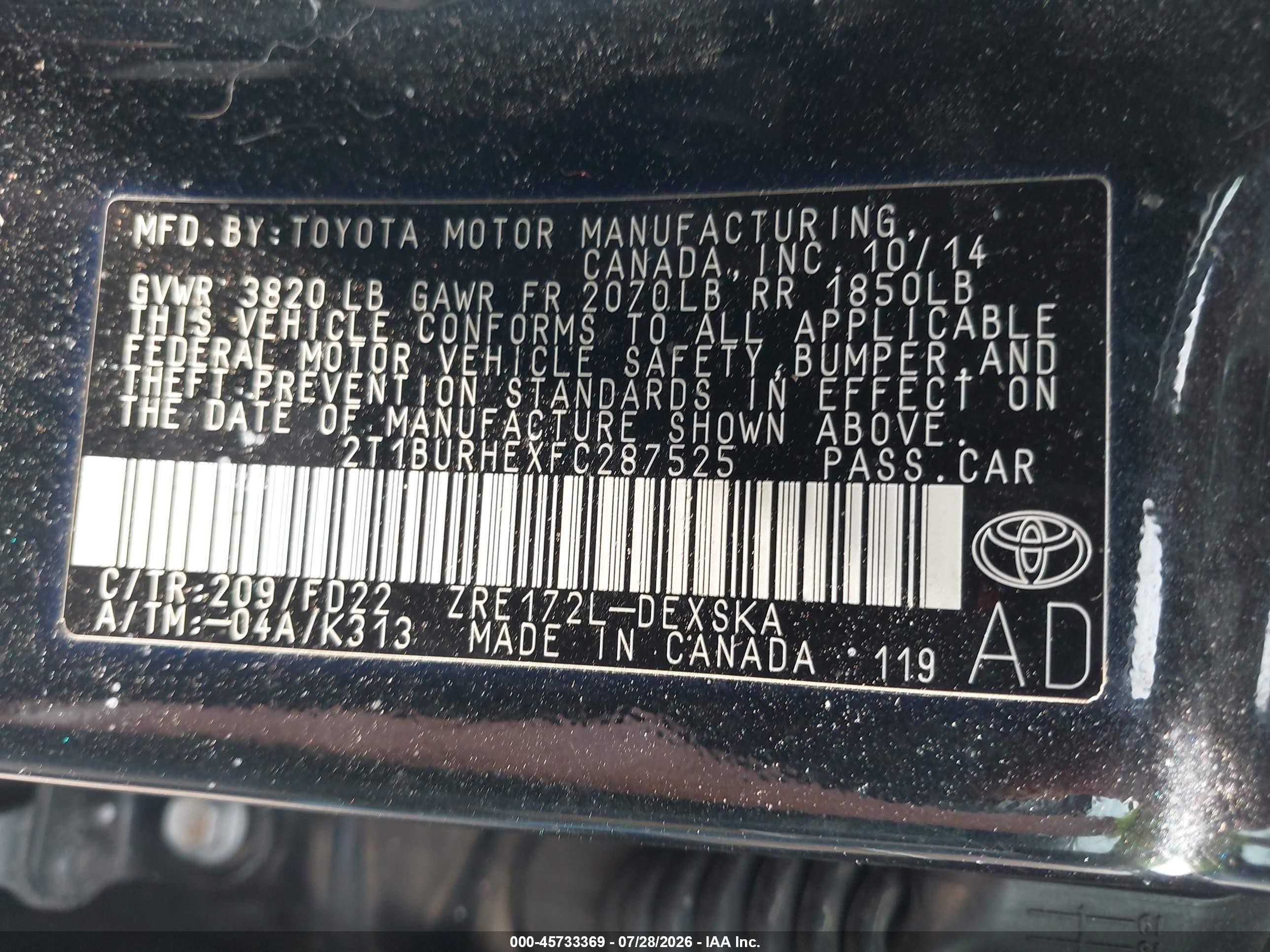 2015 Toyota Corolla S Plus Black vin: 2T1BURHEXFC287525