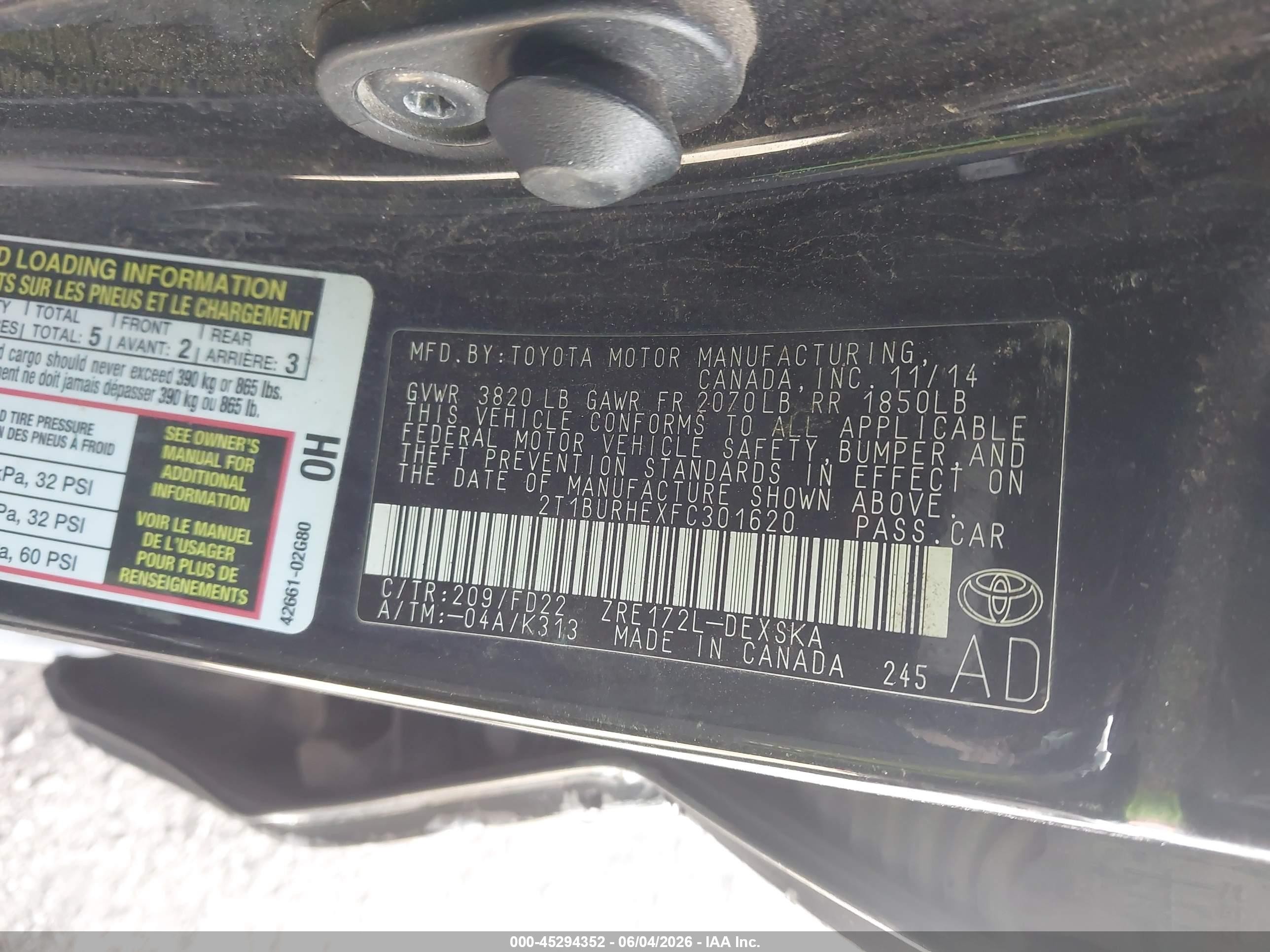 2015 Toyota Corolla S Plus Black vin: 2T1BURHEXFC301620