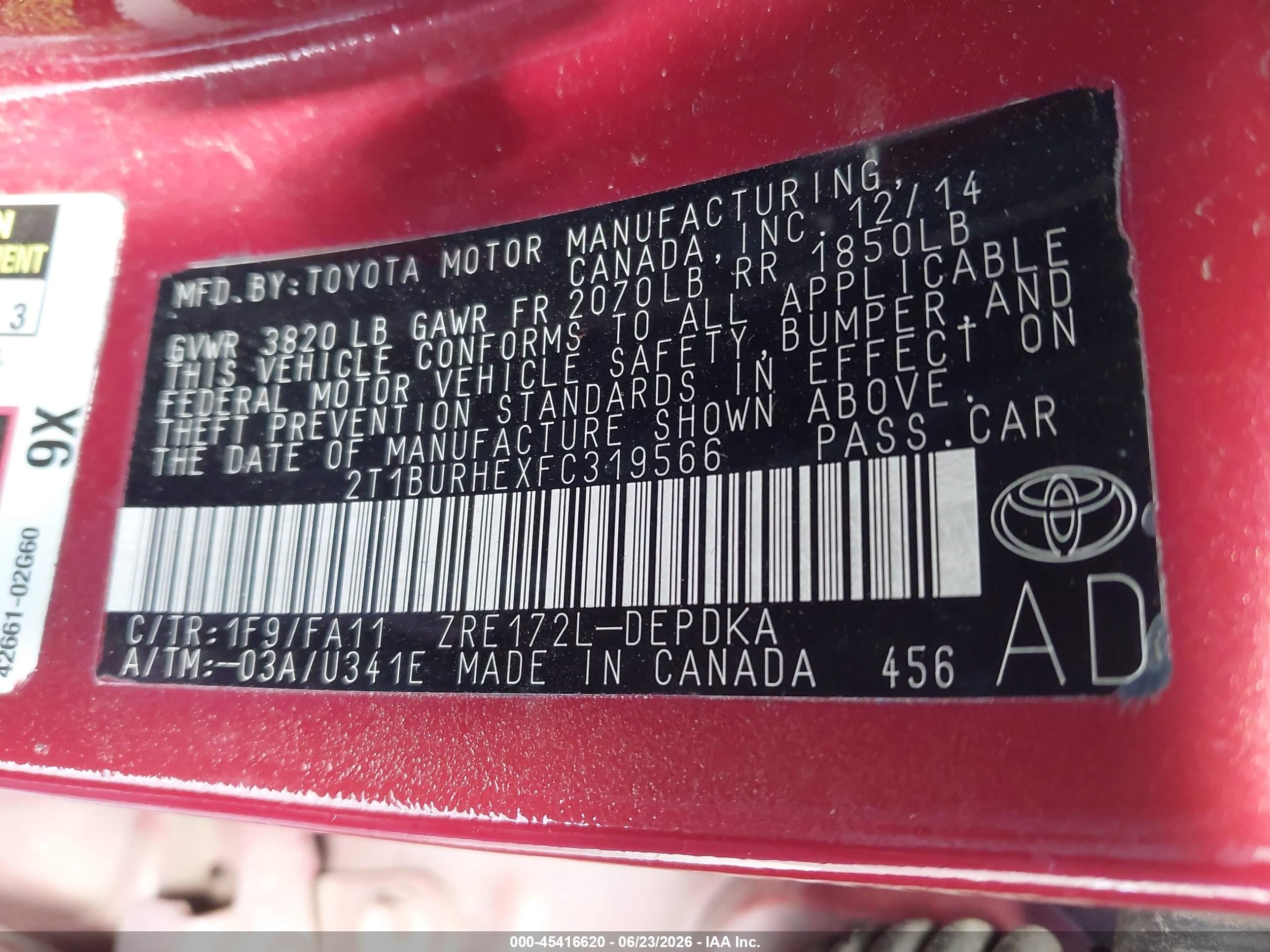 2015 Toyota Corolla L Red vin: 2T1BURHEXFC319566
