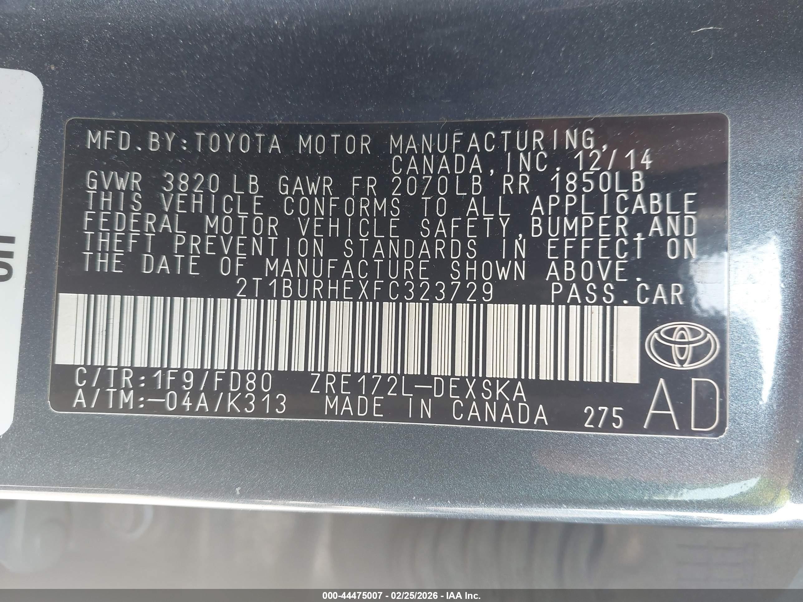 2015 Toyota Corolla S Plus Серый vin: 2T1BURHEXFC323729