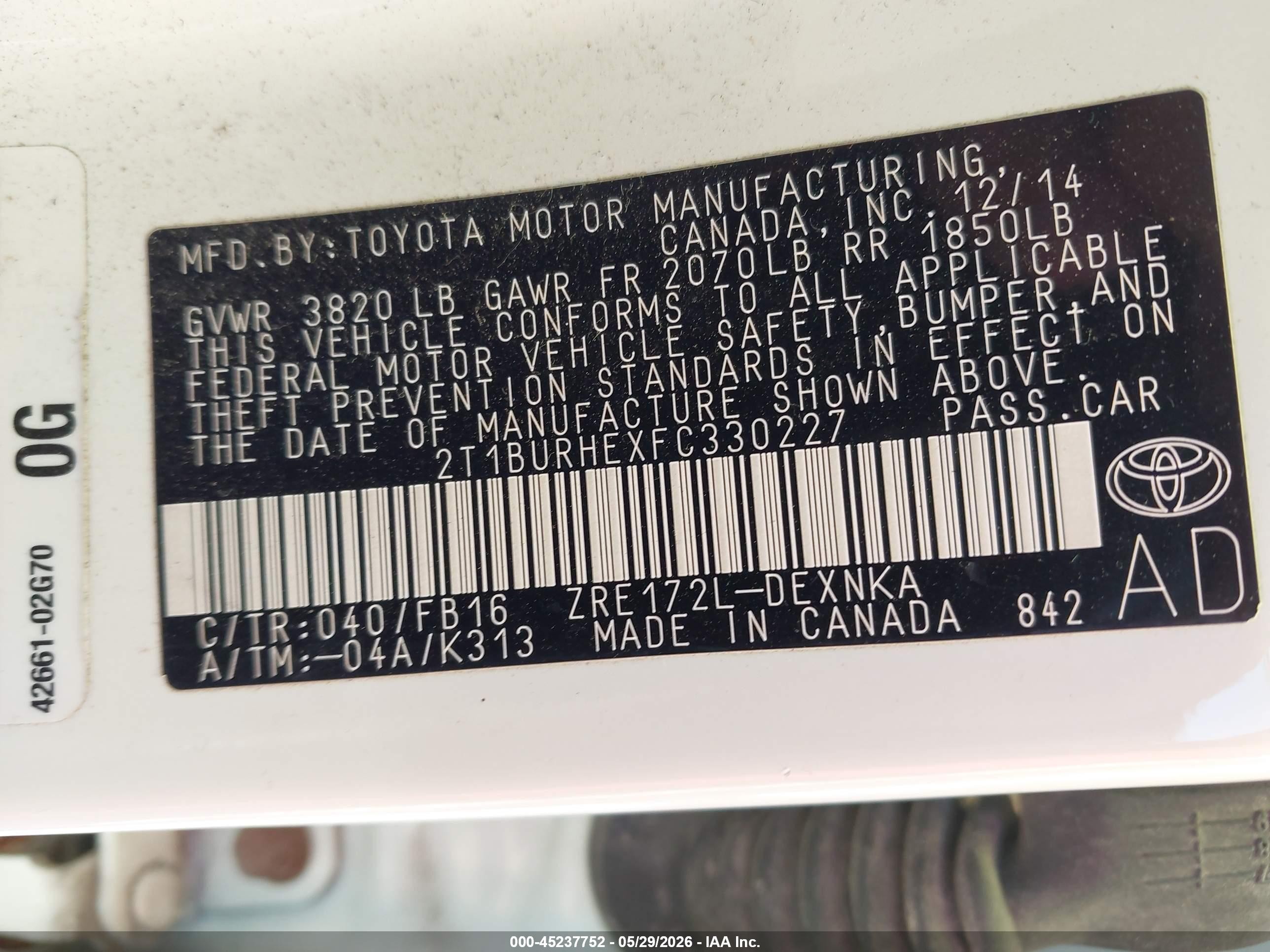 2015 Toyota Corolla Le Plus White vin: 2T1BURHEXFC330227