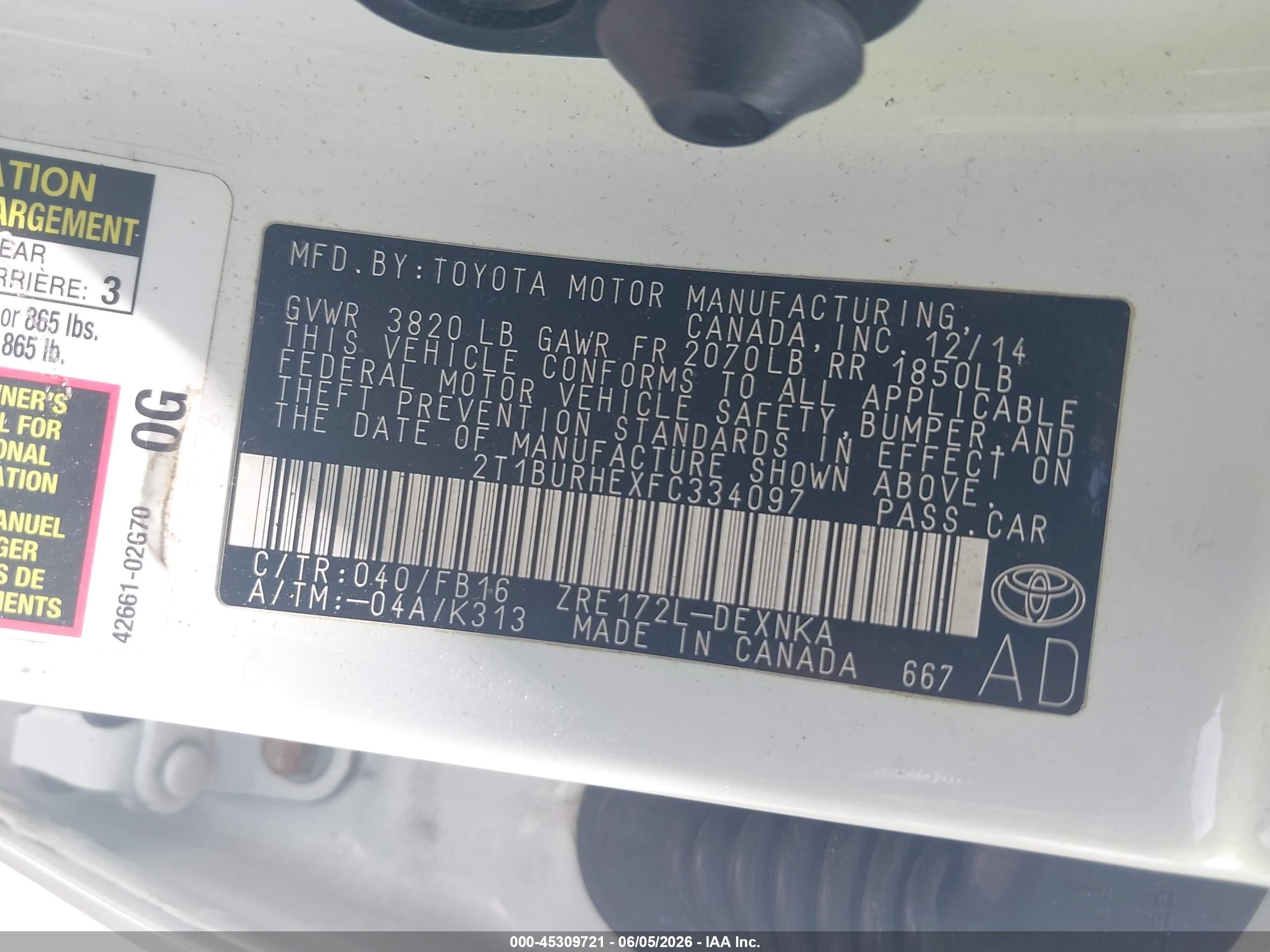 2015 Toyota Corolla Le White vin: 2T1BURHEXFC334097