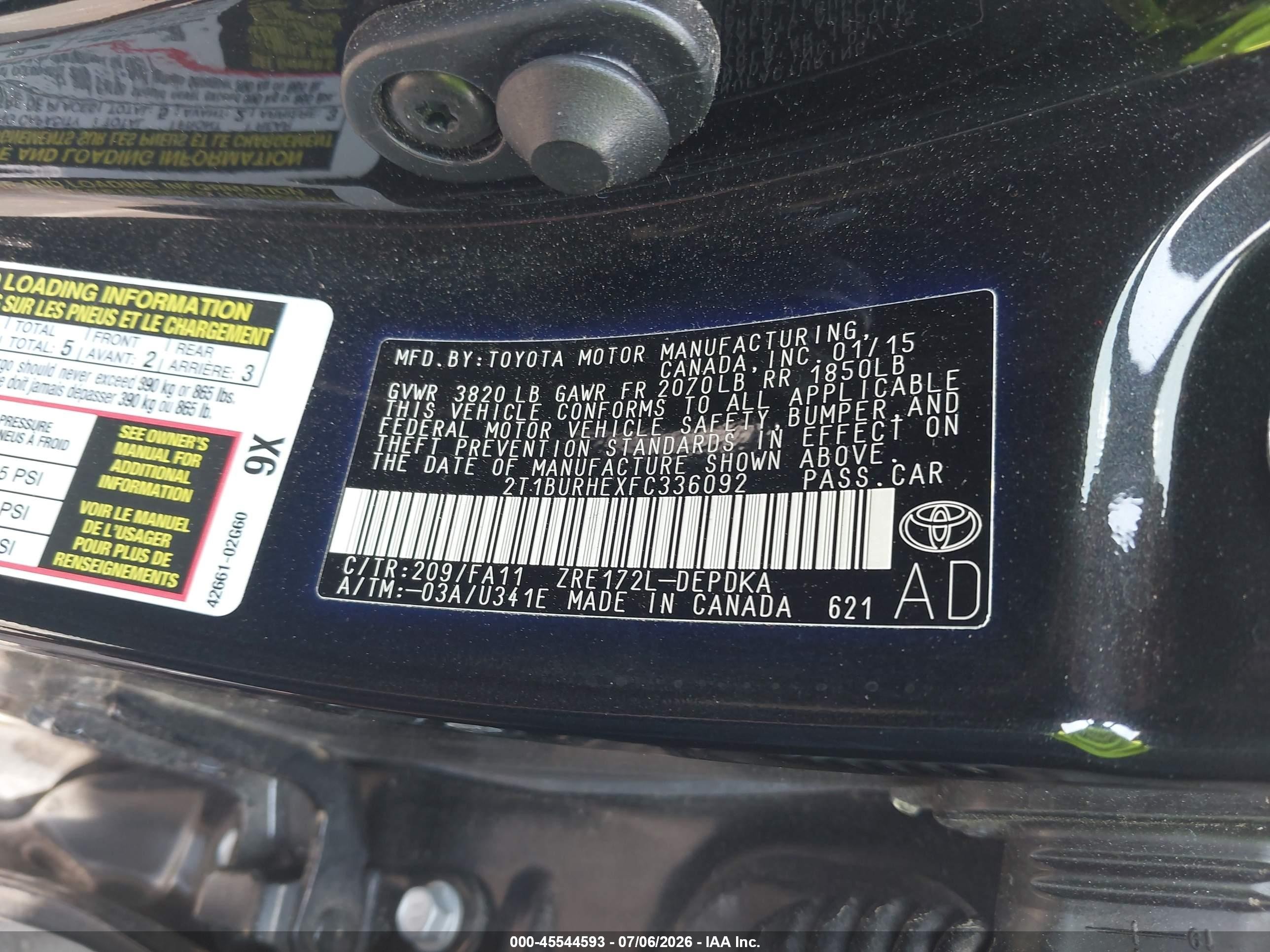 2015 Toyota Corolla L Black vin: 2T1BURHEXFC336092