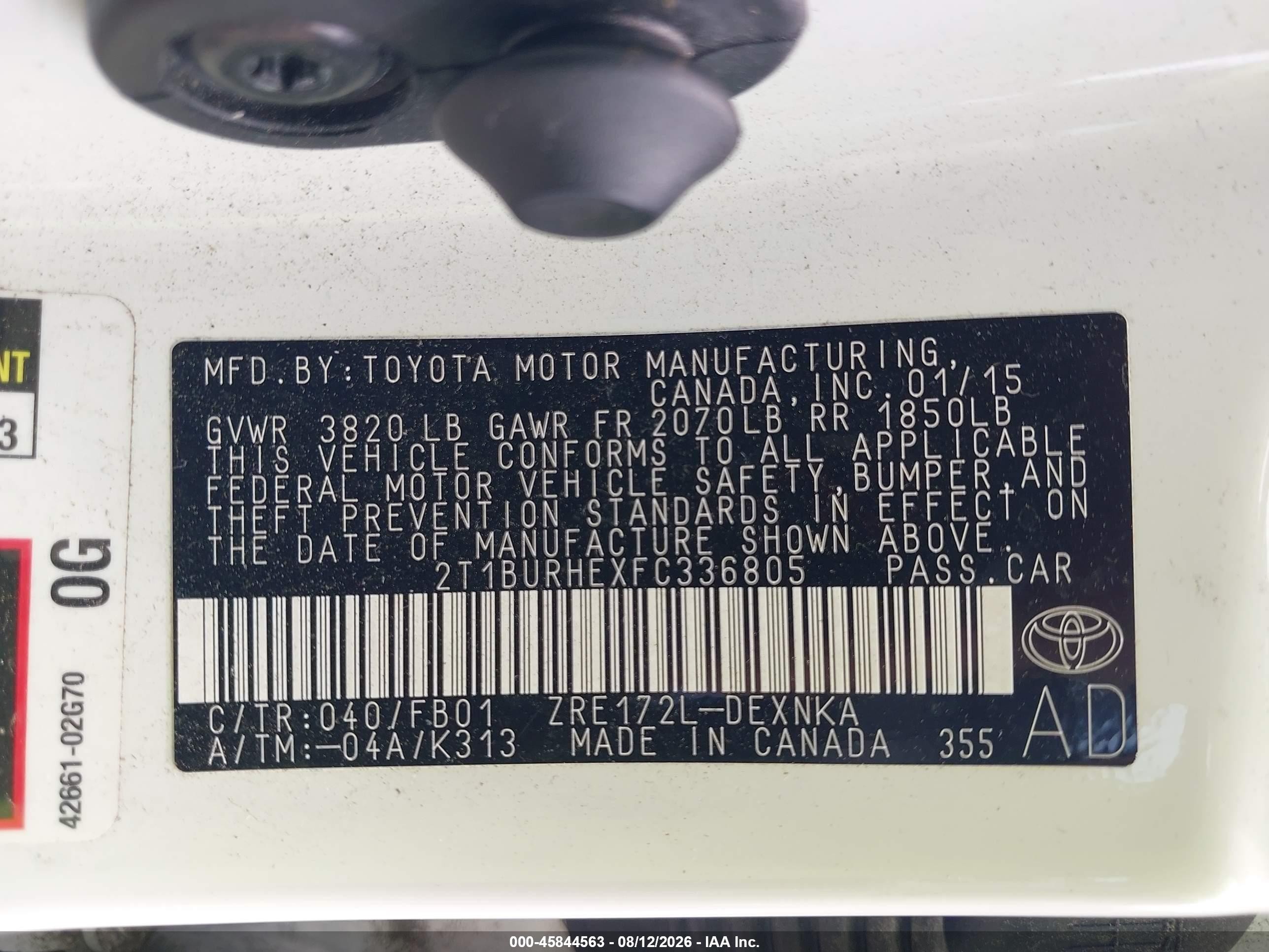 2015 Toyota Corolla Le White vin: 2T1BURHEXFC336805