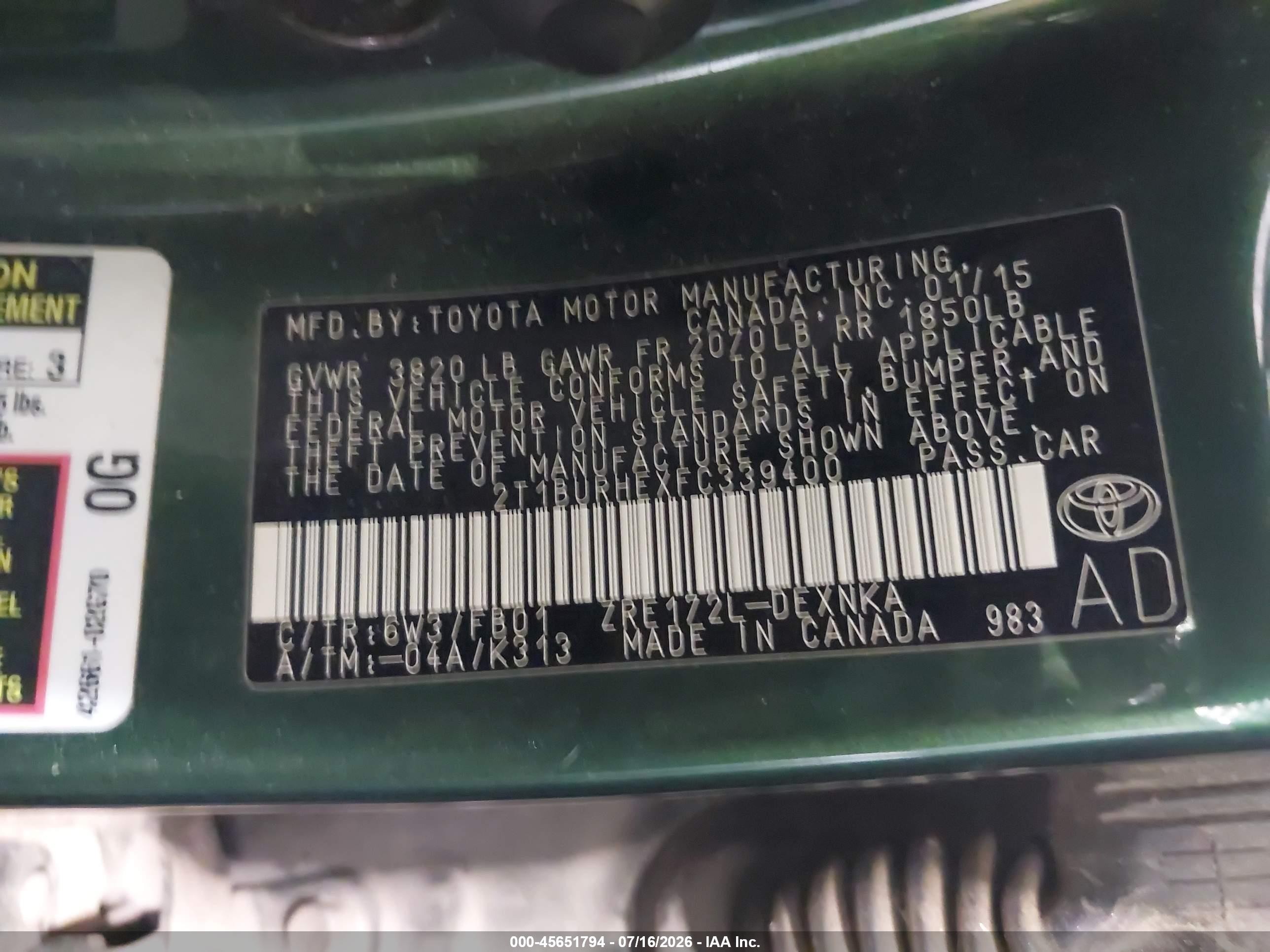 2015 Toyota Corolla Le Зеленый vin: 2T1BURHEXFC339400