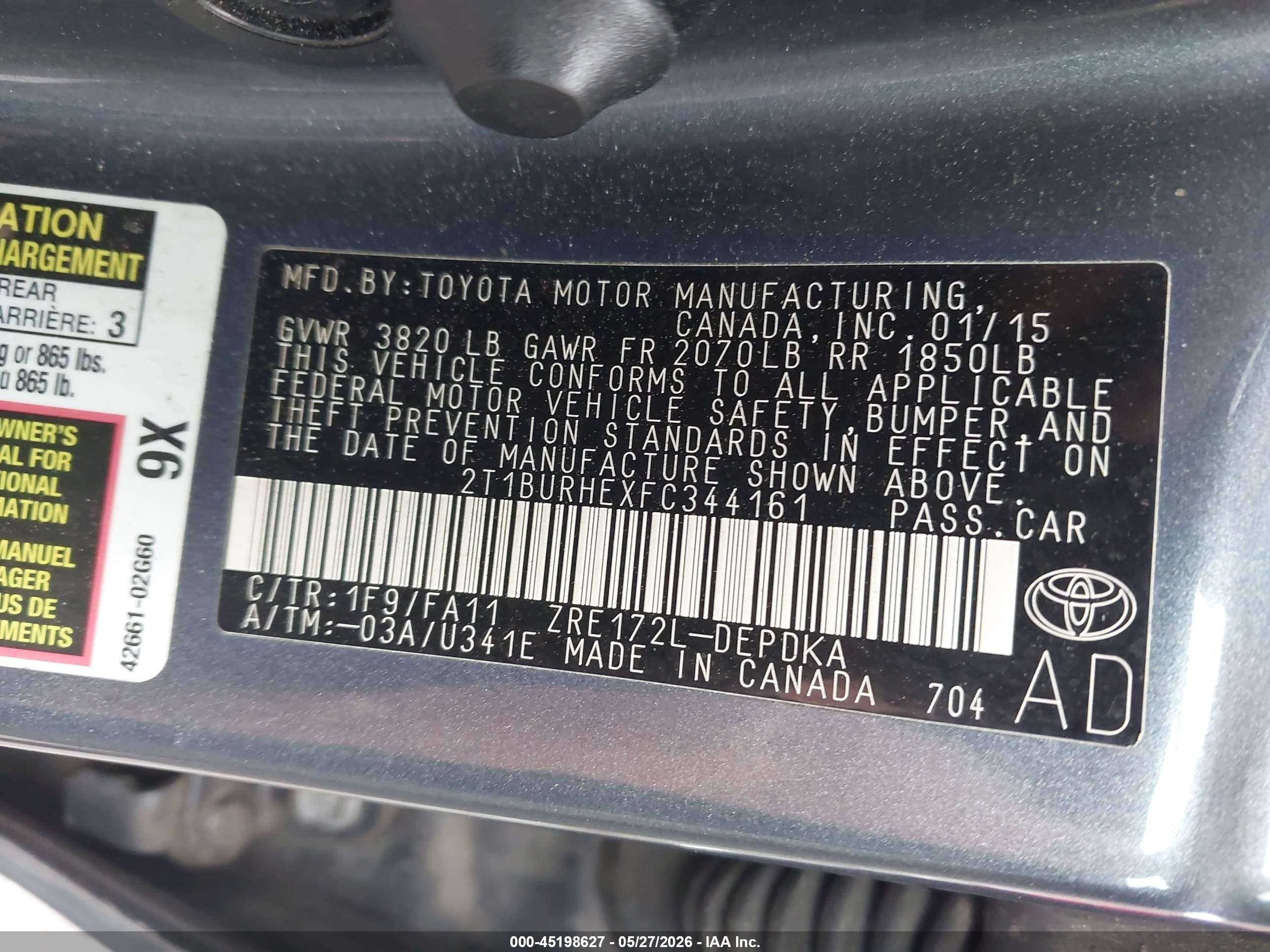 2015 Toyota Corolla L Gray vin: 2T1BURHEXFC344161