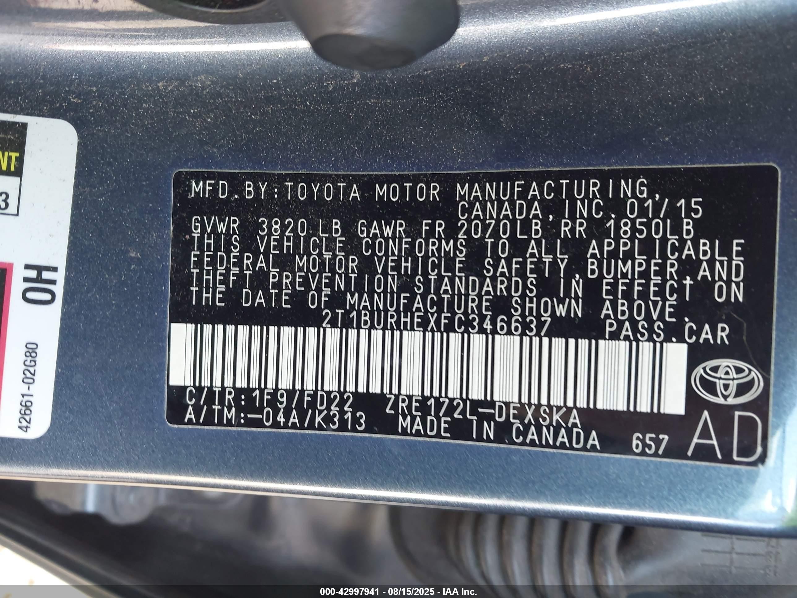 2015 Toyota Corolla L/le/le Pls/prm/s/s Pls Синий vin: 2T1BURHEXFC346637