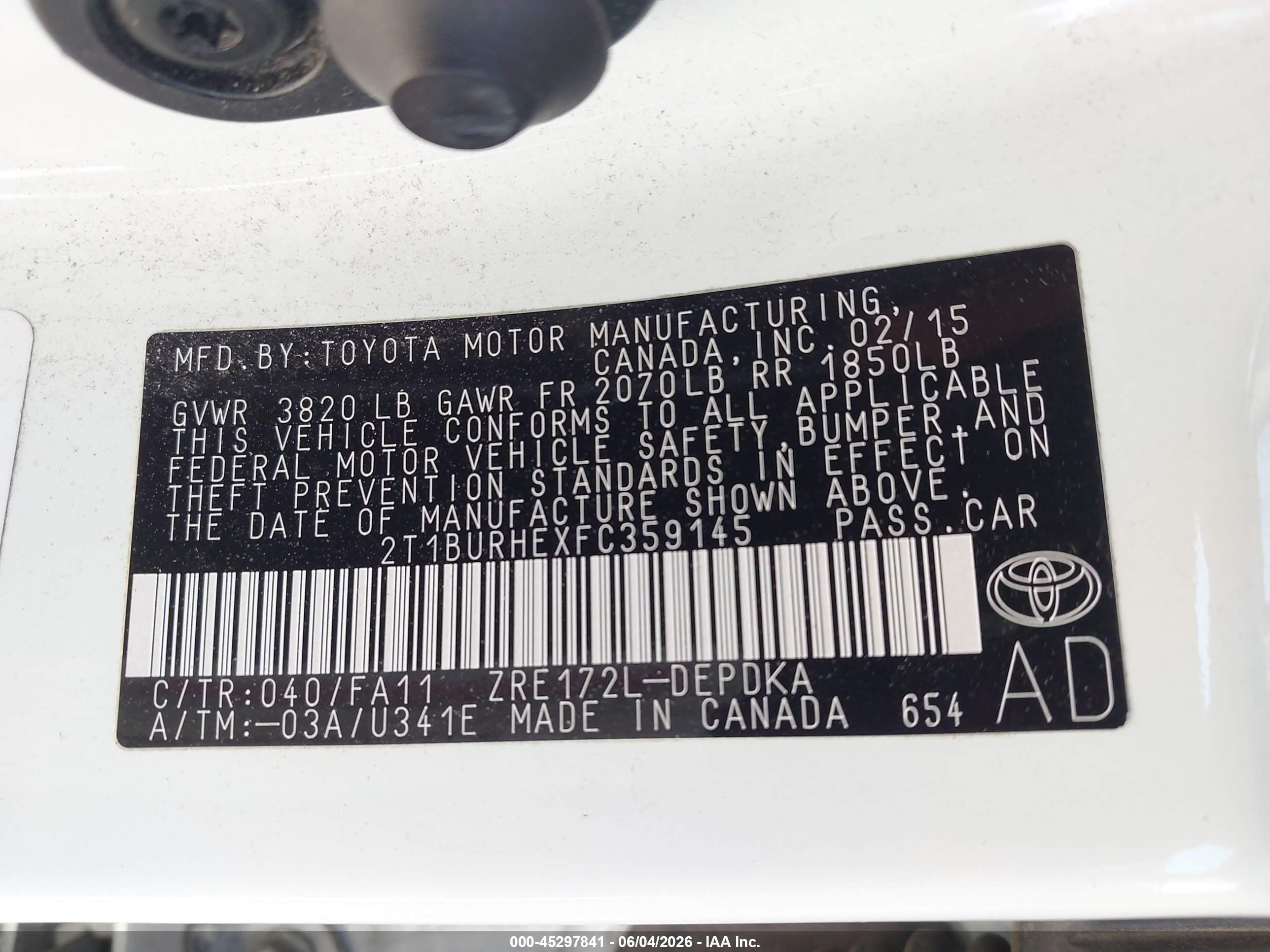 2015 Toyota Corolla L White vin: 2T1BURHEXFC359145
