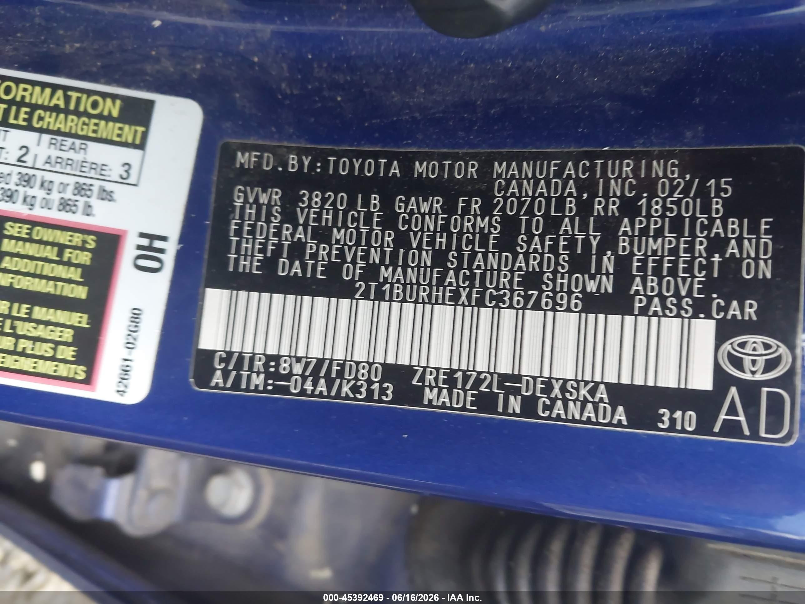 2015 Toyota Corolla S Plus Blue vin: 2T1BURHEXFC367696