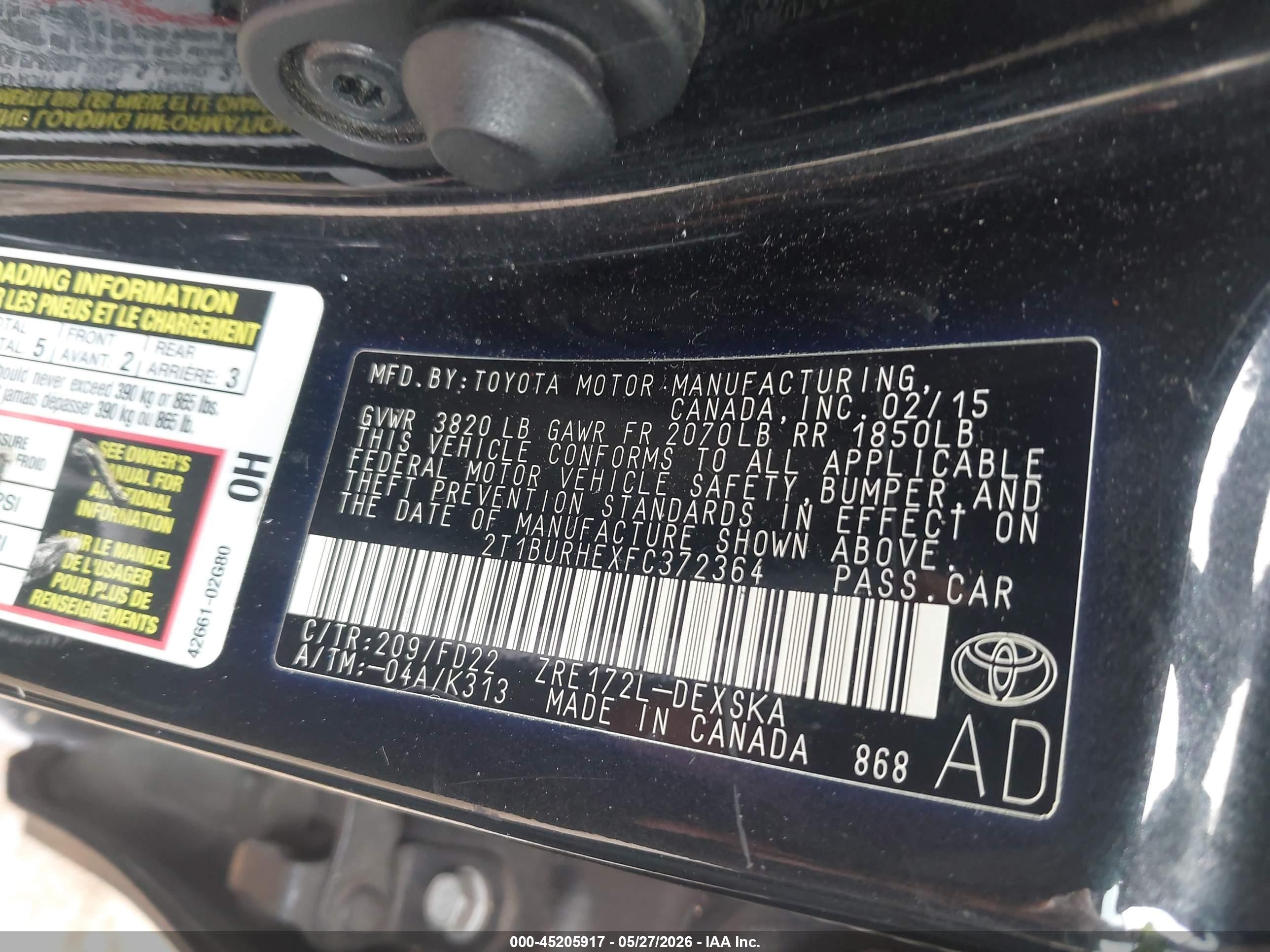 2015 Toyota Corolla S Plus Black vin: 2T1BURHEXFC372364