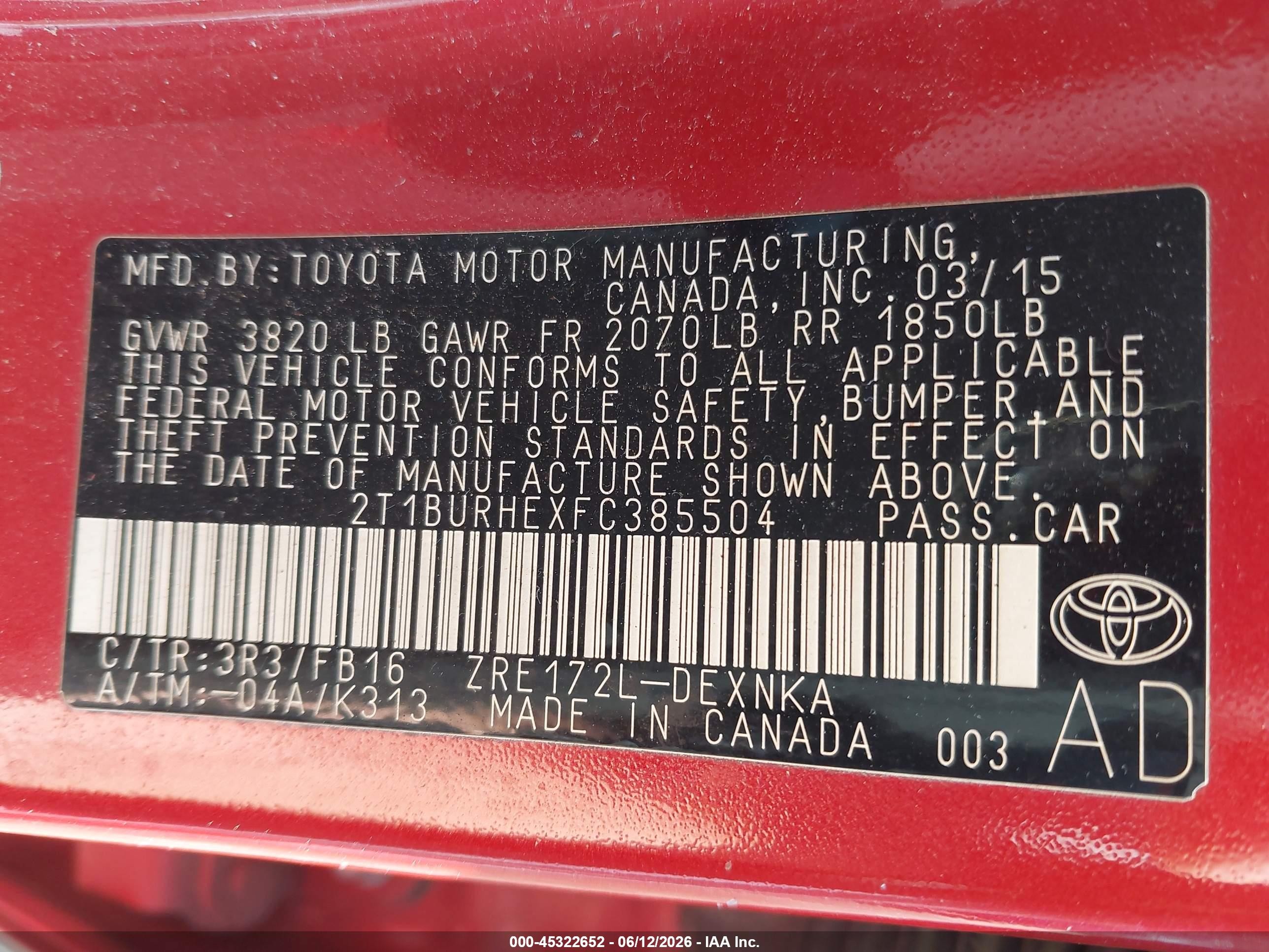2015 Toyota Corolla Le Red vin: 2T1BURHEXFC385504