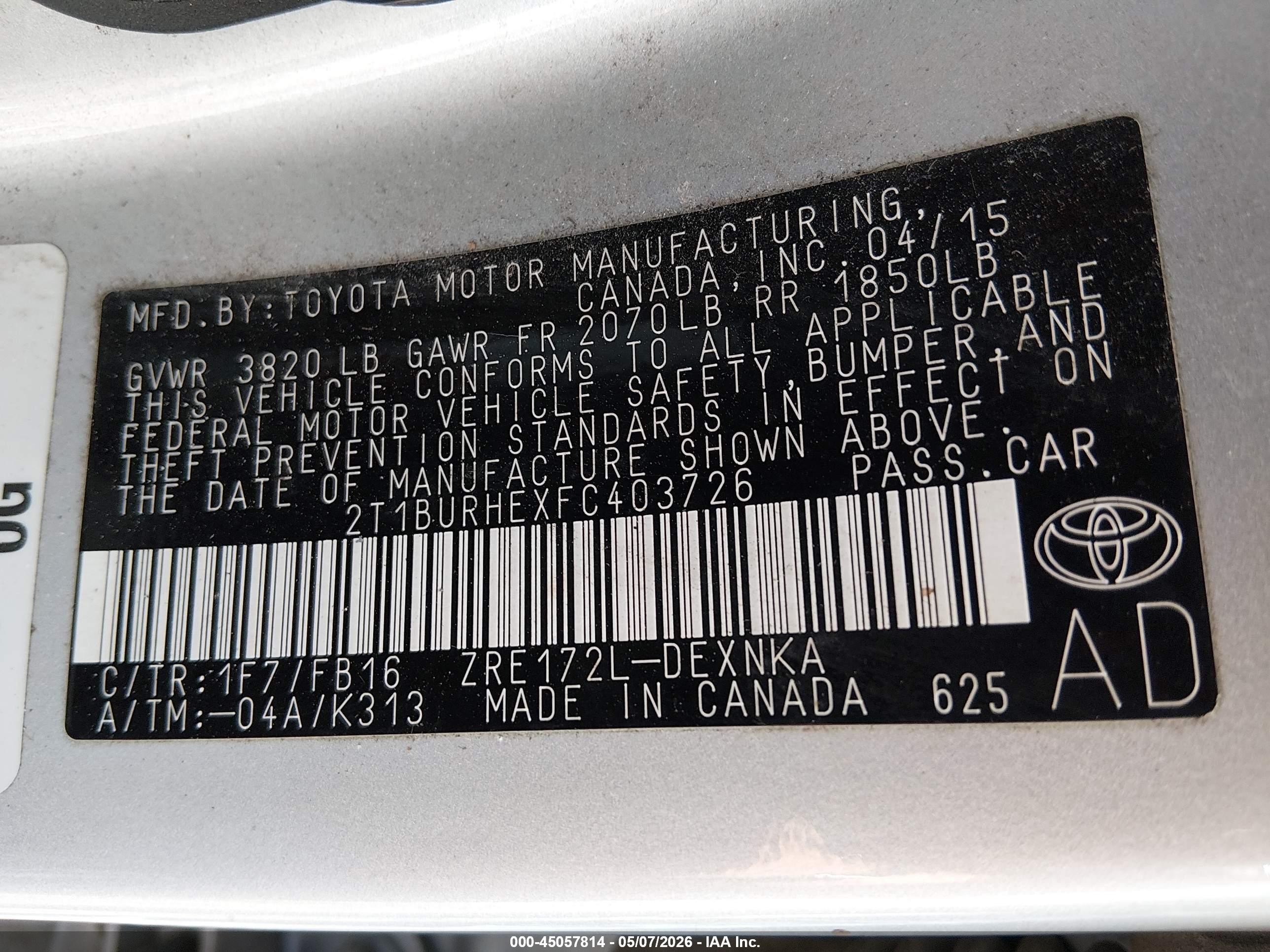 2015 Toyota Corolla Le Plus Silver vin: 2T1BURHEXFC403726