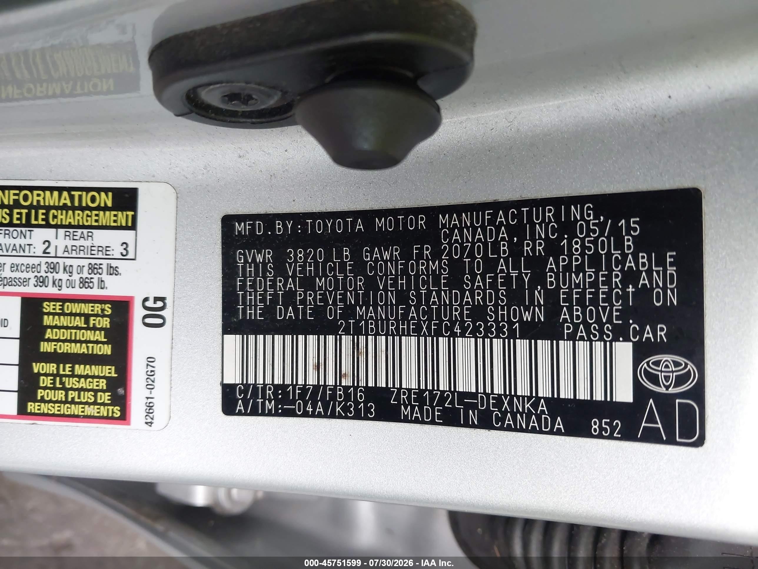 2015 Toyota Corolla Le Silver vin: 2T1BURHEXFC423331