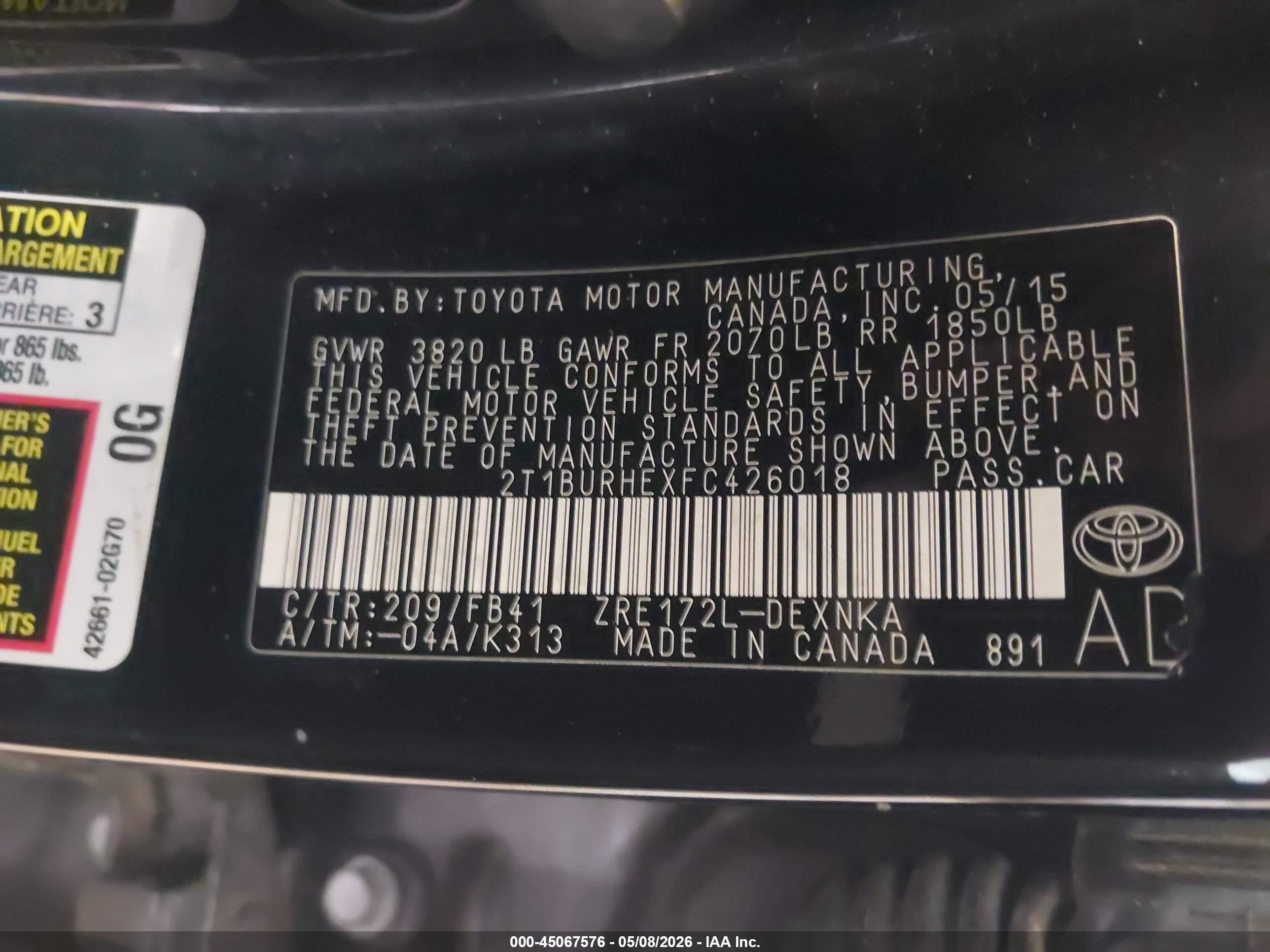 2015 Toyota Corolla Le Black vin: 2T1BURHEXFC426018